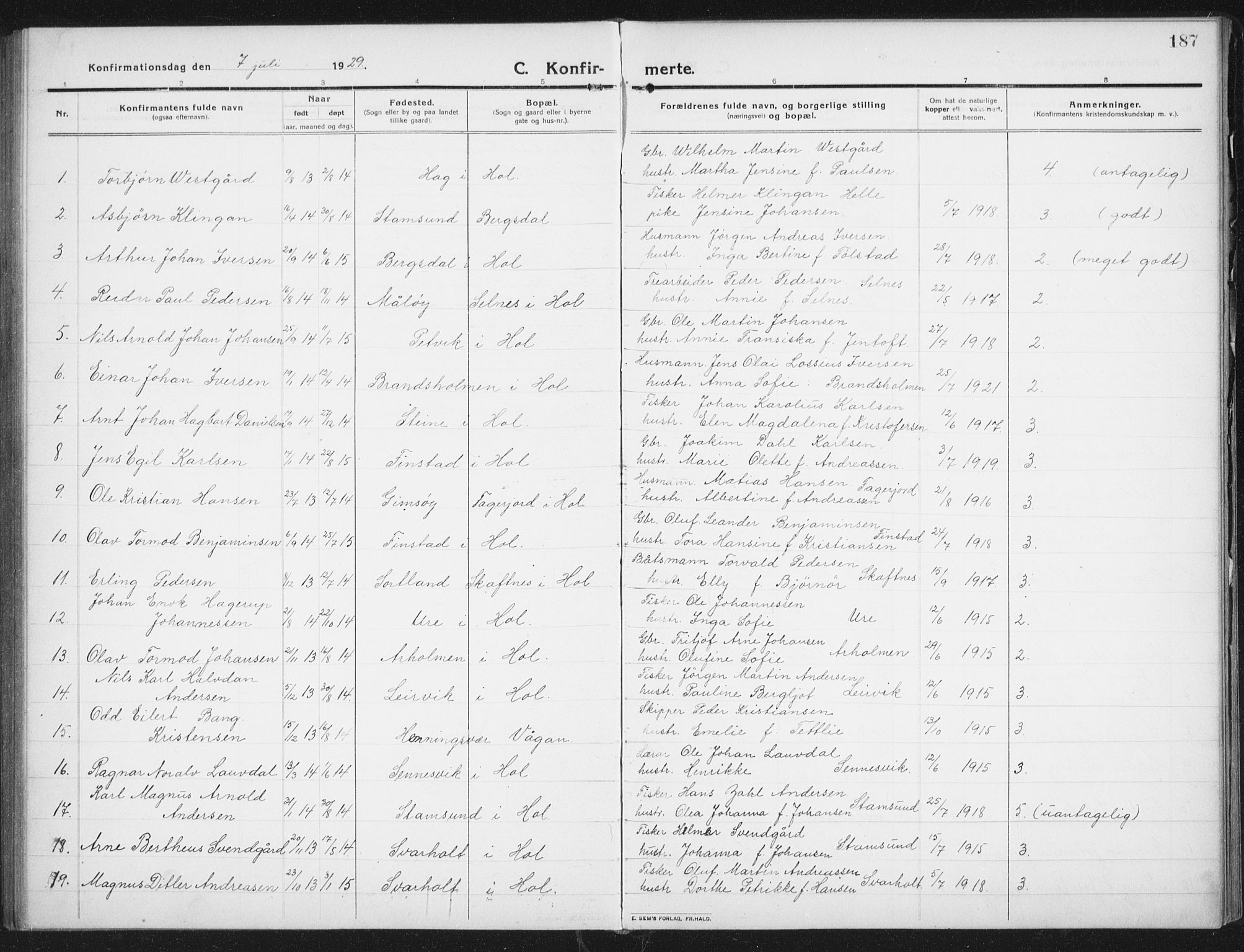 Ministerialprotokoller, klokkerbøker og fødselsregistre - Nordland, SAT/A-1459/882/L1183: Parish register (copy) no. 882C01, 1911-1938, p. 187