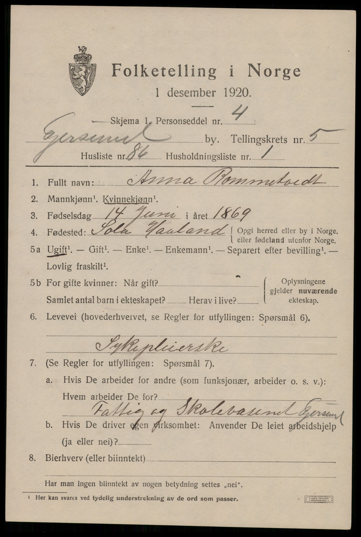 SAST, 1920 census for Egersund town, 1920, p. 9118