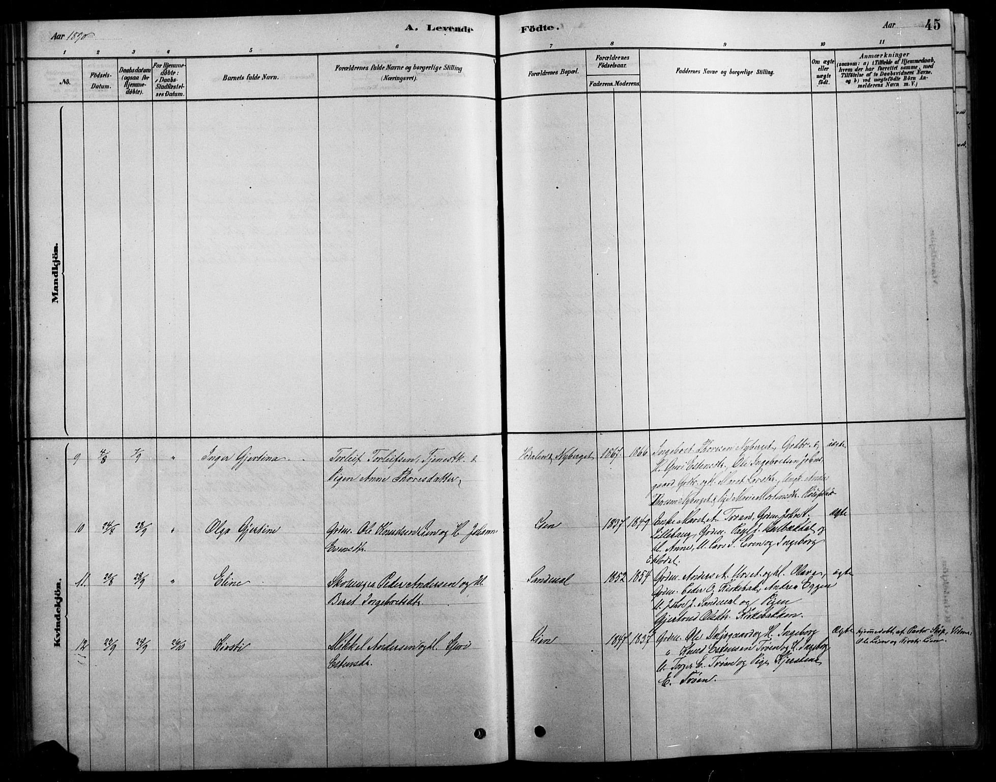 Tolga prestekontor, SAH/PREST-062/L/L0007: Parish register (copy) no. 7, 1878-1919, p. 45