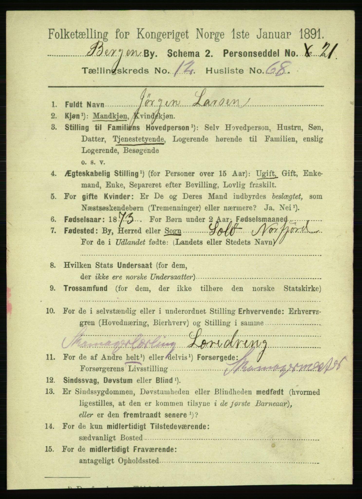 RA, 1891 Census for 1301 Bergen, 1891, p. 22019