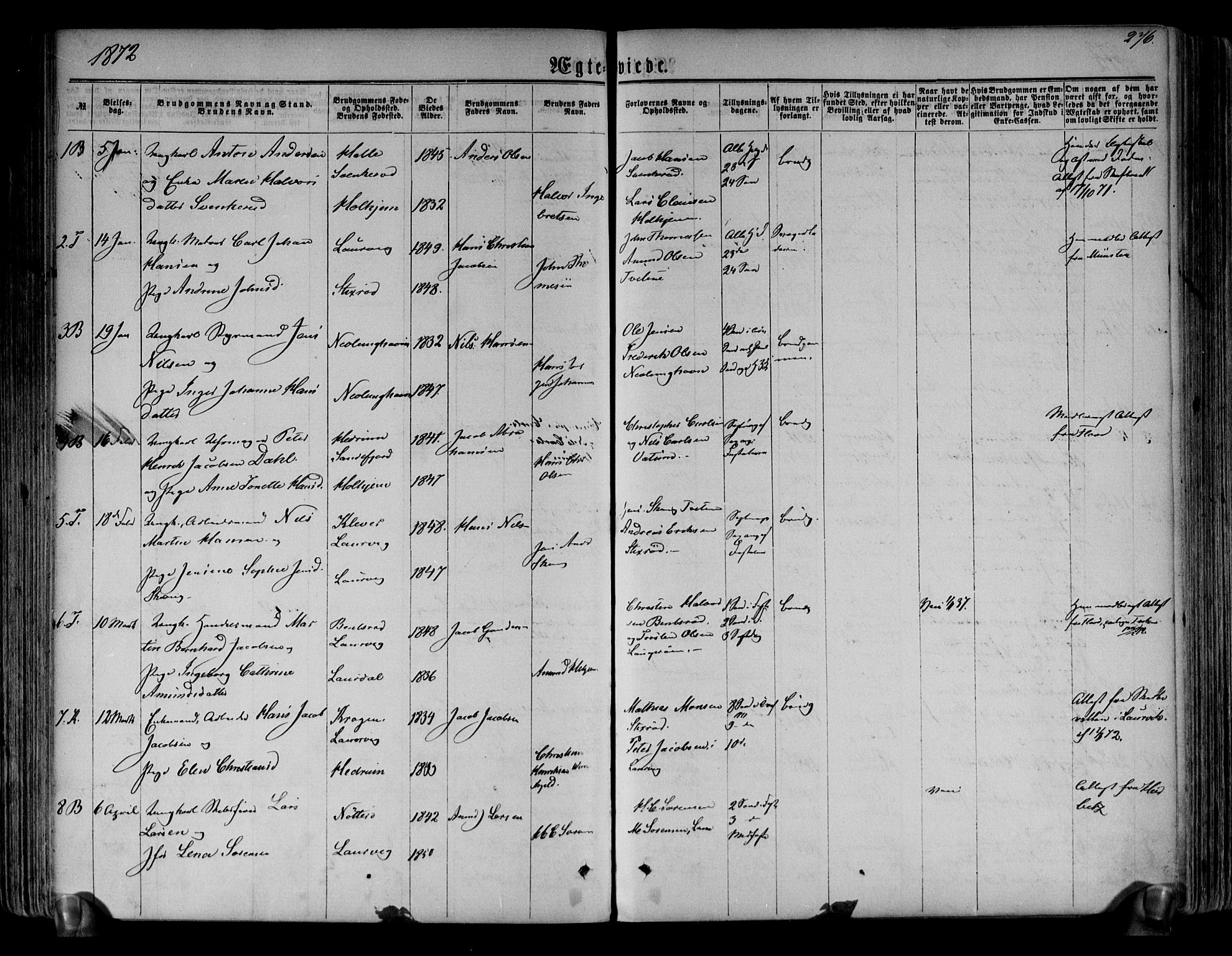 Brunlanes kirkebøker, SAKO/A-342/F/Fa/L0005: Parish register (official) no. I 5, 1862-1877, p. 276