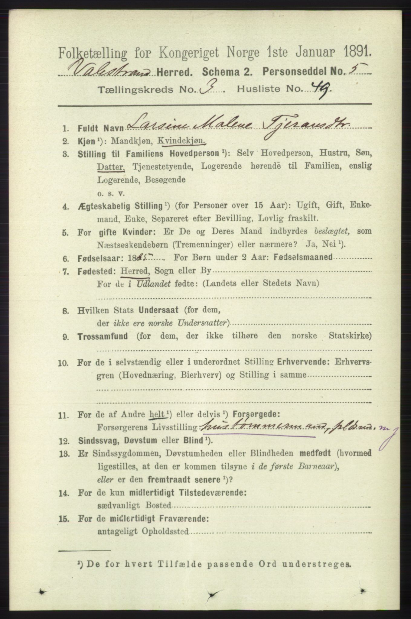 RA, 1891 census for 1217 Valestrand, 1891, p. 810