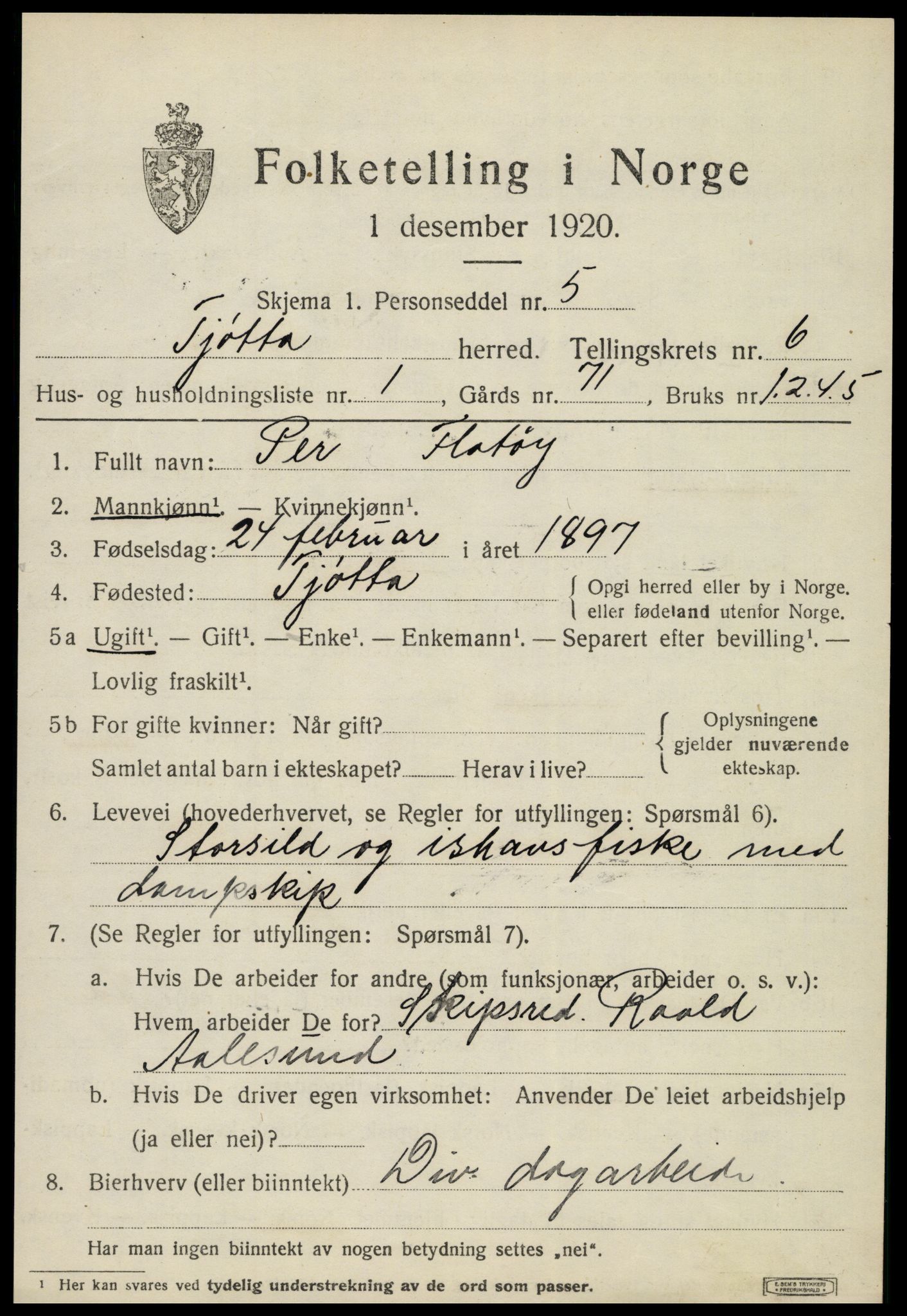 SAT, 1920 census for Tjøtta, 1920, p. 2423