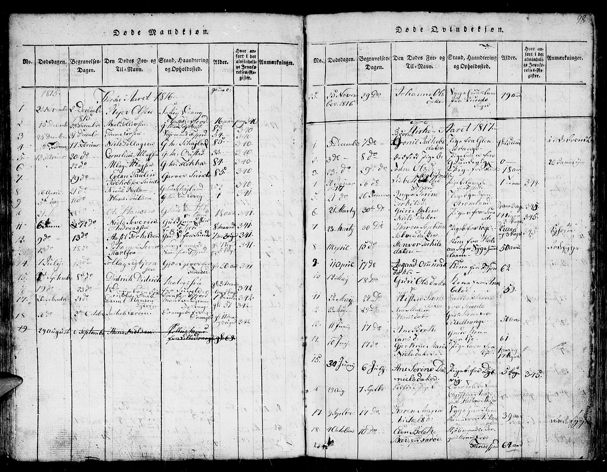 Flekkefjord sokneprestkontor, SAK/1111-0012/F/Fb/Fbc/L0003: Parish register (copy) no. B 3, 1815-1826, p. 98
