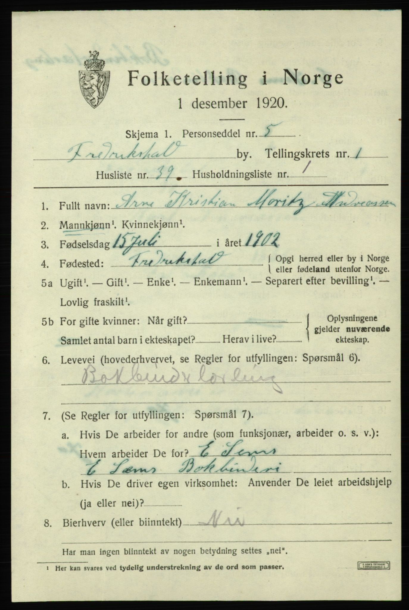 SAO, 1920 census for Fredrikshald, 1920, p. 8853