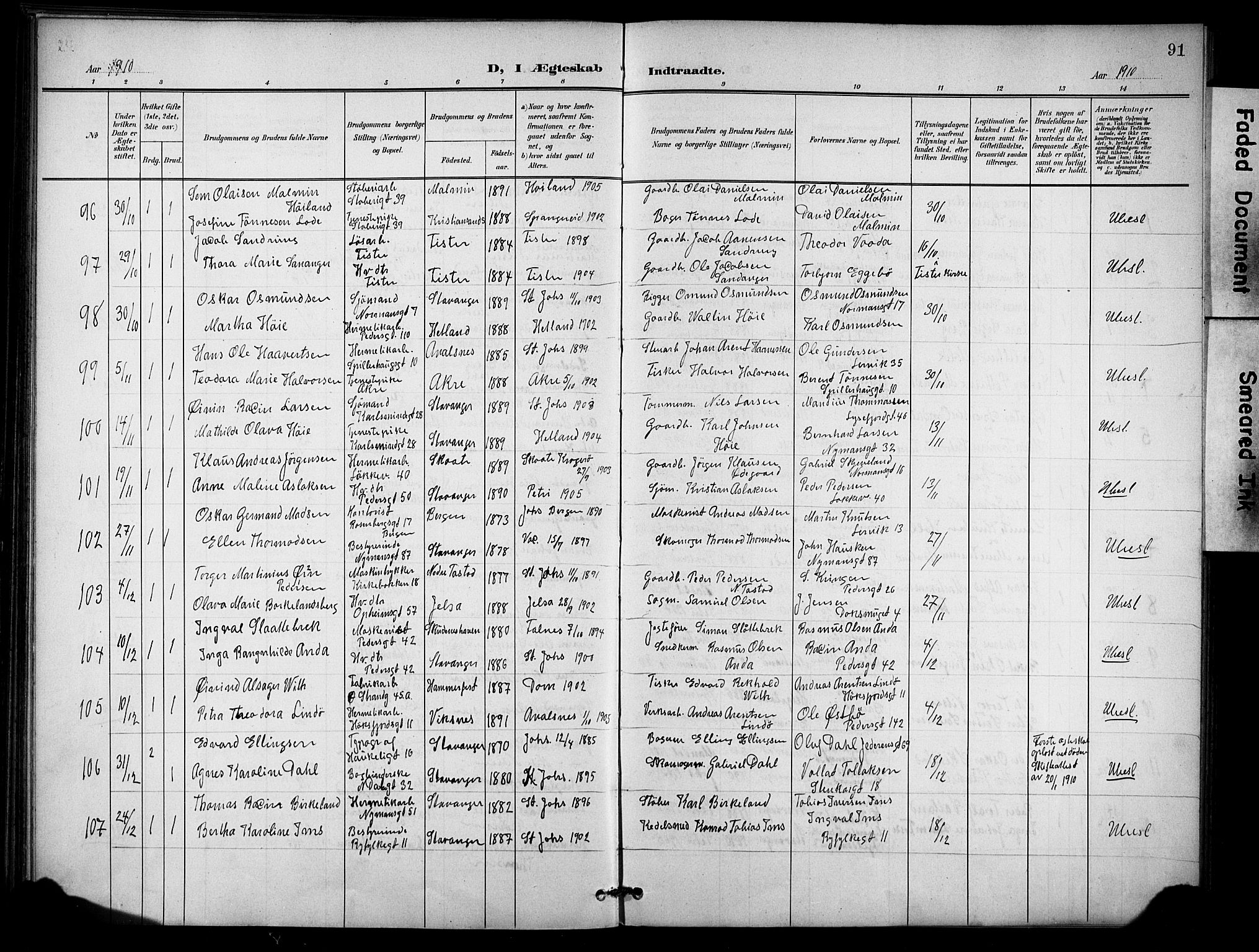 St. Johannes sokneprestkontor, AV/SAST-A-101814/001/30/30BB/L0005: Parish register (copy) no. B 5, 1901-1917, p. 91