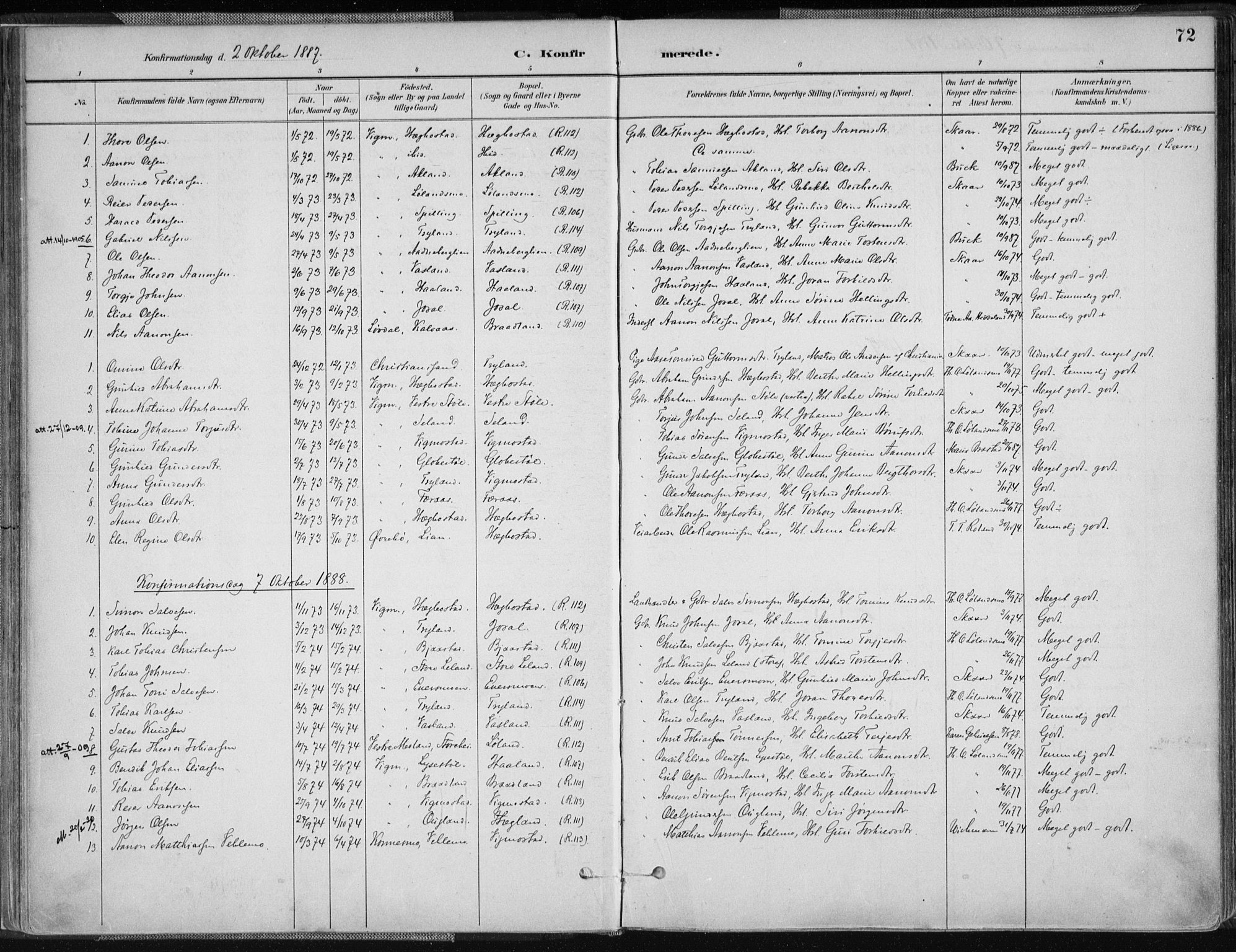 Nord-Audnedal sokneprestkontor, SAK/1111-0032/F/Fa/Fab/L0003: Parish register (official) no. A 3, 1882-1900, p. 72