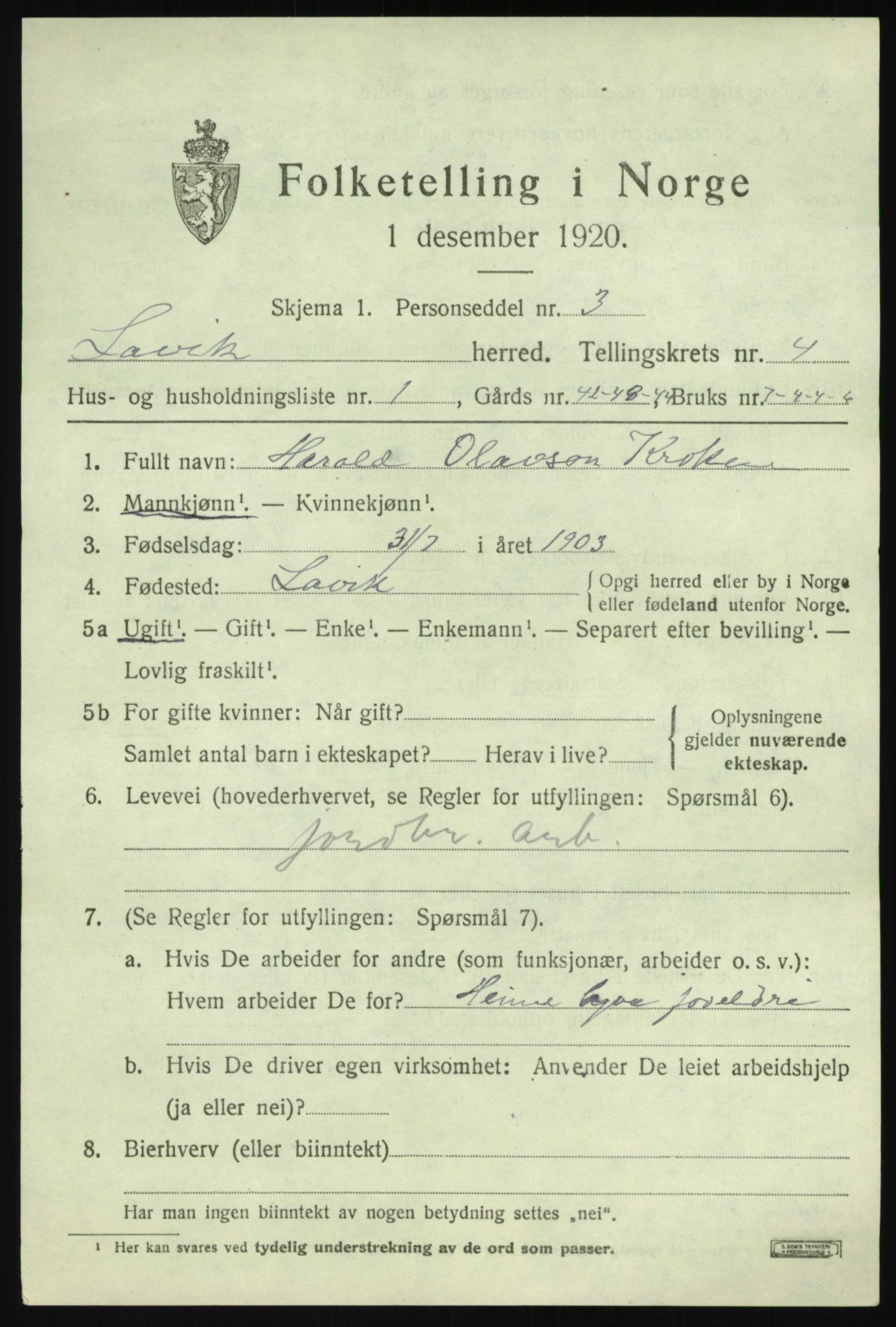 SAB, 1920 census for Lavik, 1920, p. 750