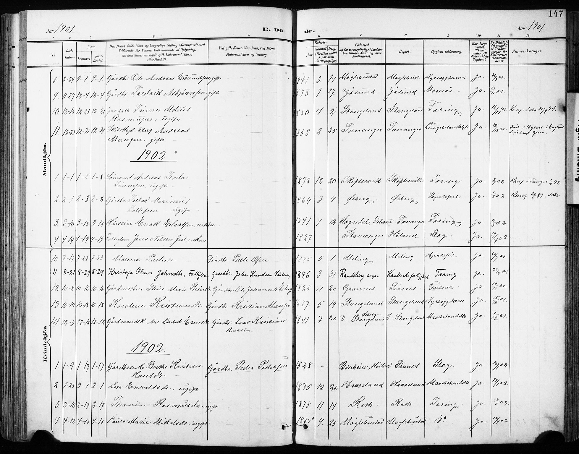 Håland sokneprestkontor, SAST/A-101802/001/30BA/L0013: Parish register (official) no. A 12, 1901-1913, p. 147