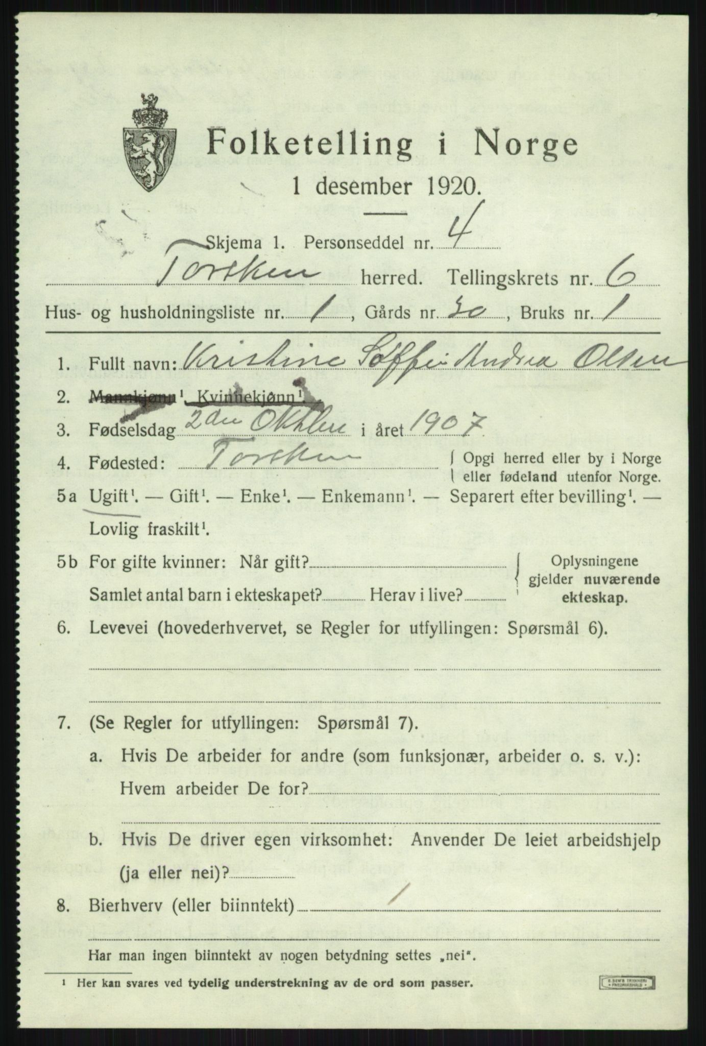 SATØ, 1920 census for Torsken, 1920, p. 2385