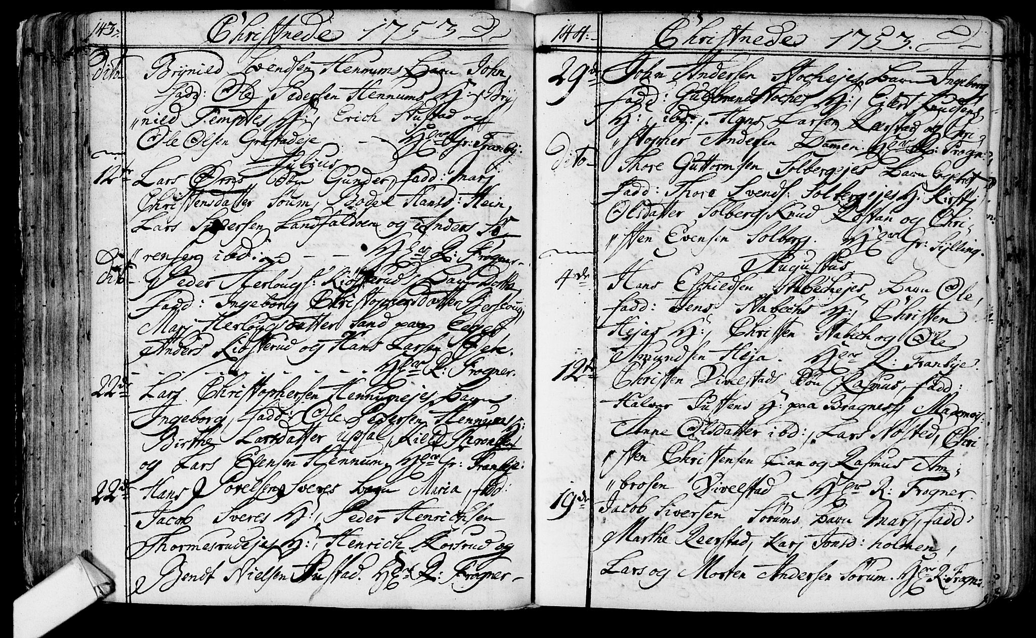 Lier kirkebøker, SAKO/A-230/F/Fa/L0004: Parish register (official) no. I 4, 1749-1764, p. 143-144