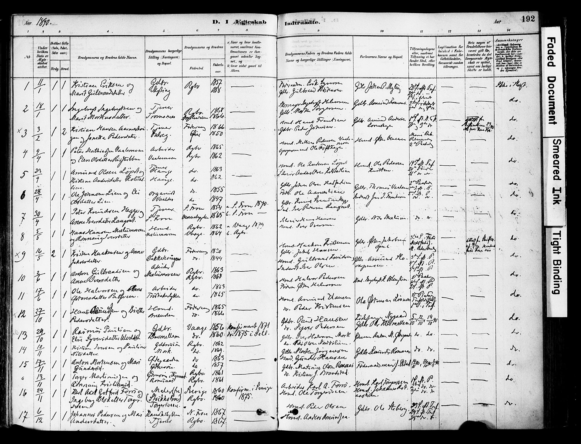 Ringebu prestekontor, SAH/PREST-082/H/Ha/Haa/L0008: Parish register (official) no. 8, 1878-1898, p. 192