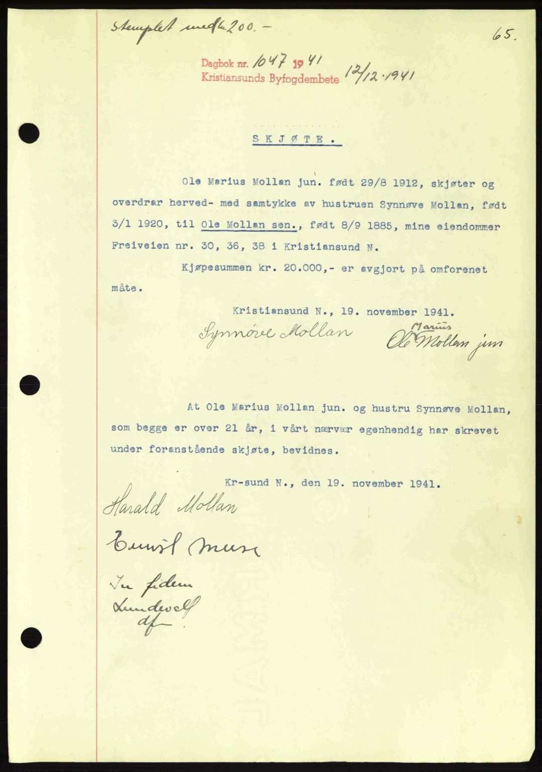 Kristiansund byfogd, AV/SAT-A-4587/A/27: Mortgage book no. 34, 1941-1945, Diary no: : 1047/1941