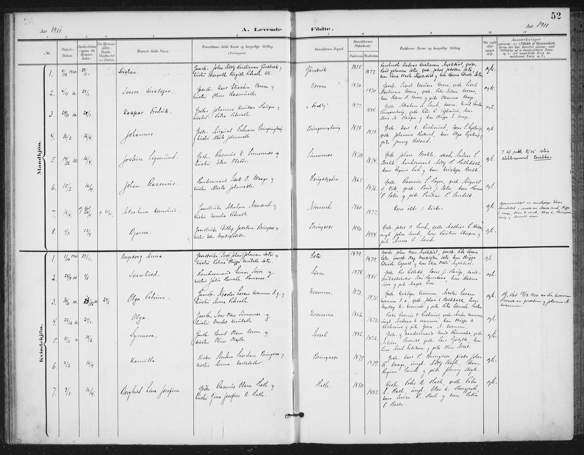 Ministerialprotokoller, klokkerbøker og fødselsregistre - Møre og Romsdal, SAT/A-1454/503/L0038: Parish register (official) no. 503A06, 1901-1917, p. 52