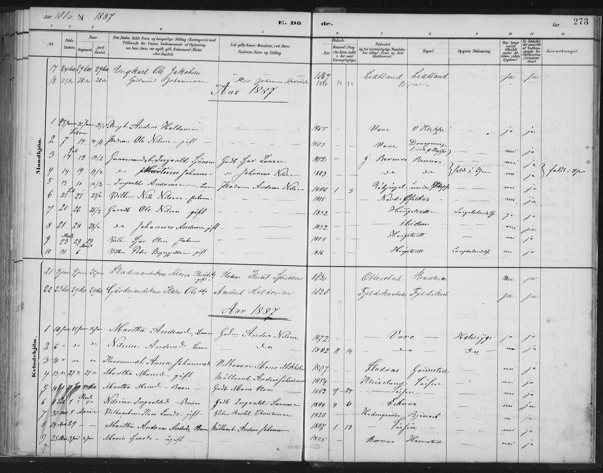 Hosanger sokneprestembete, AV/SAB-A-75801/H/Hab: Parish register (copy) no. A 3 II, 1882-1903, p. 273