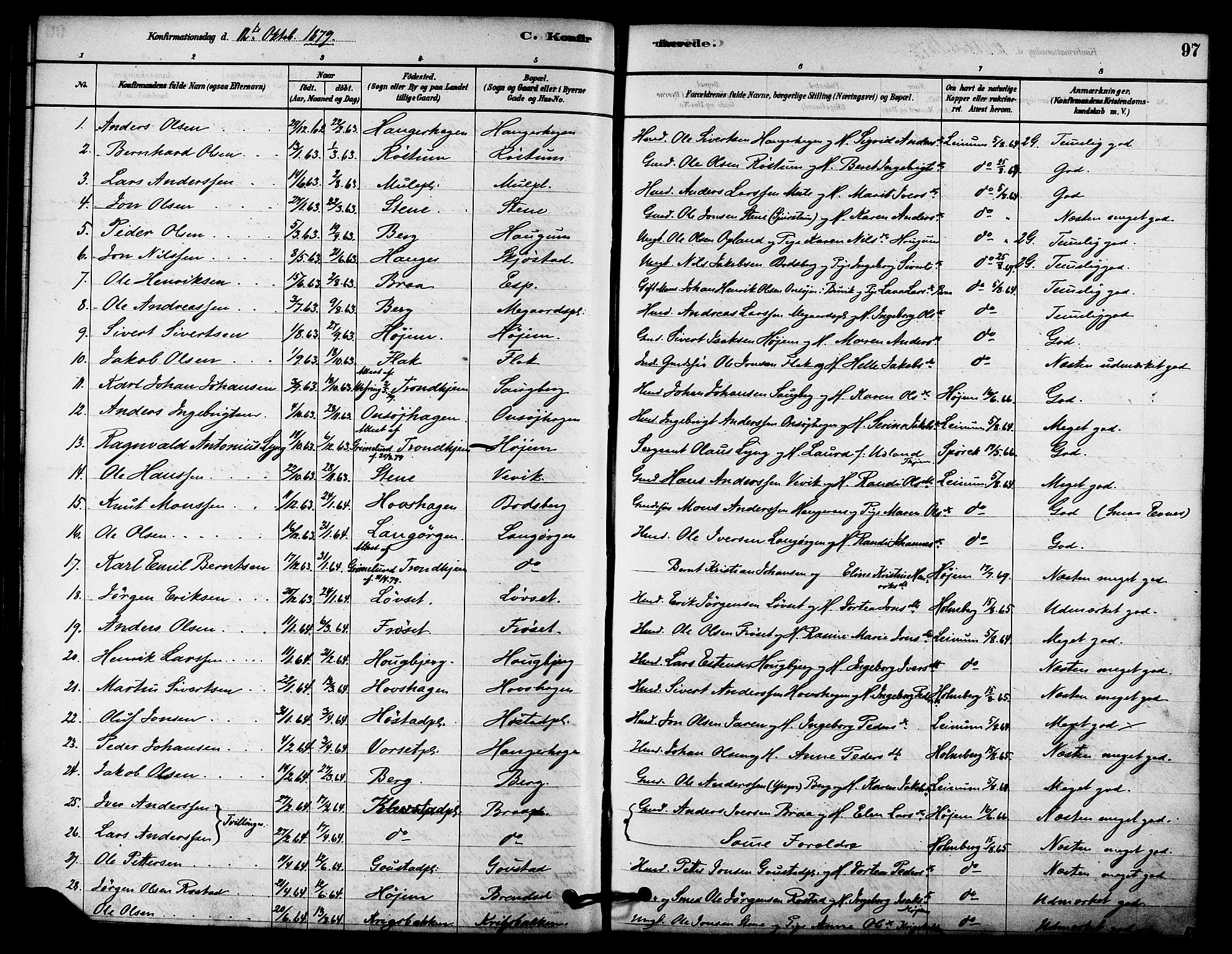Ministerialprotokoller, klokkerbøker og fødselsregistre - Sør-Trøndelag, SAT/A-1456/612/L0378: Parish register (official) no. 612A10, 1878-1897, p. 97