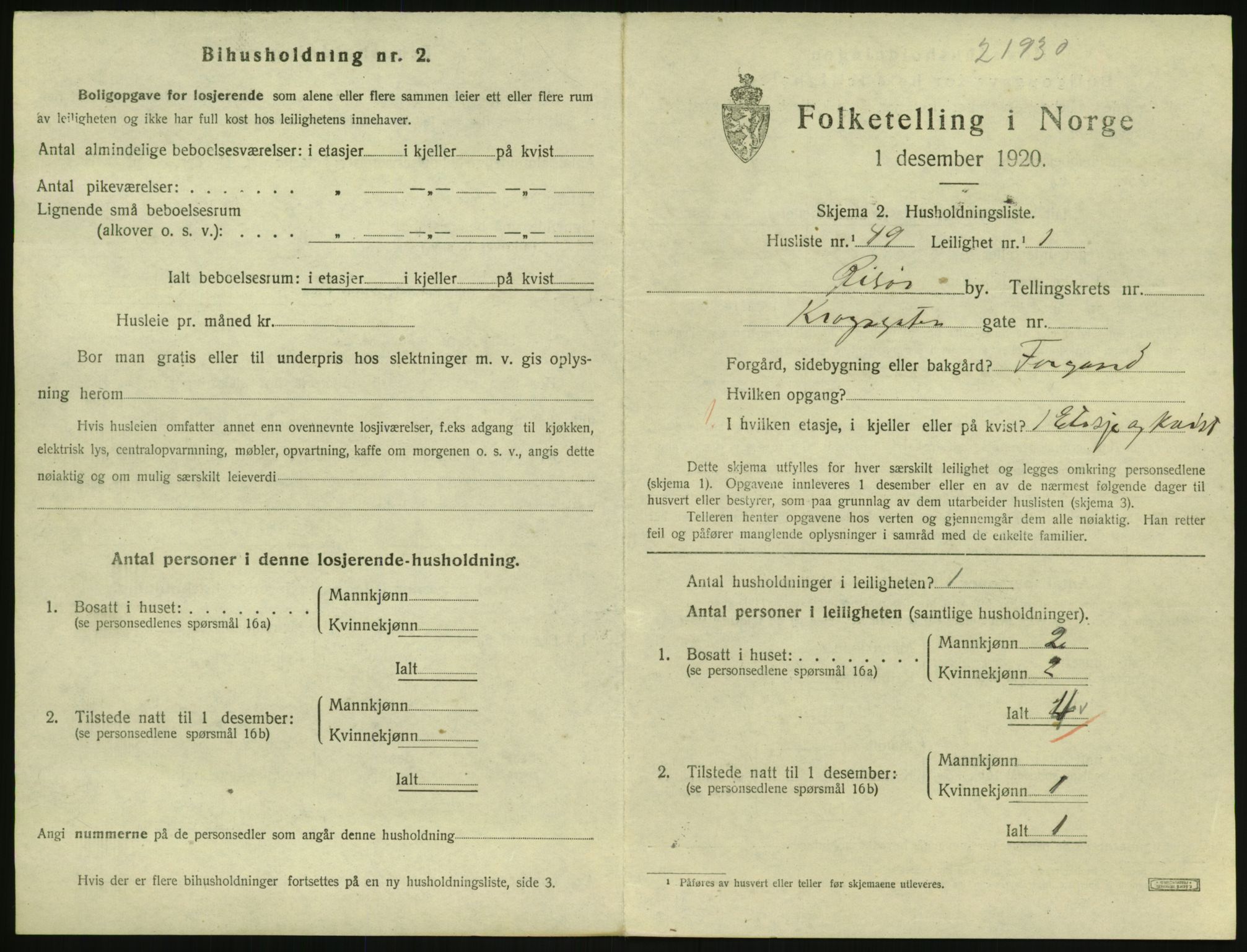 SAK, 1920 census for Risør, 1920, p. 2093