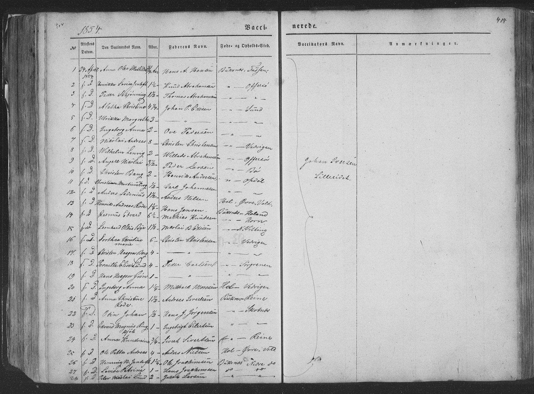 Ministerialprotokoller, klokkerbøker og fødselsregistre - Nordland, AV/SAT-A-1459/881/L1165: Parish register (copy) no. 881C02, 1854-1876, p. 414