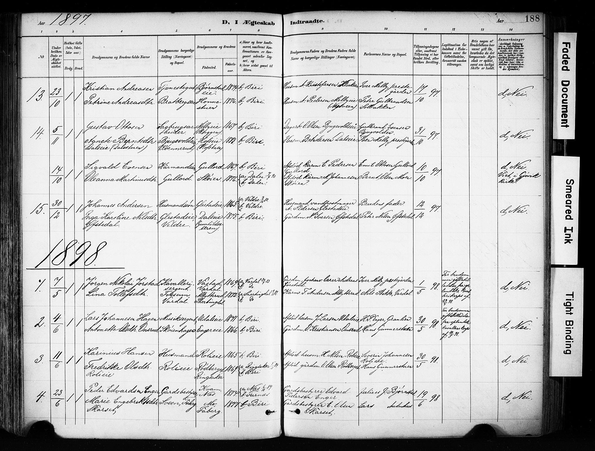 Biri prestekontor, SAH/PREST-096/H/Ha/Haa/L0009: Parish register (official) no. 9, 1887-1900, p. 188
