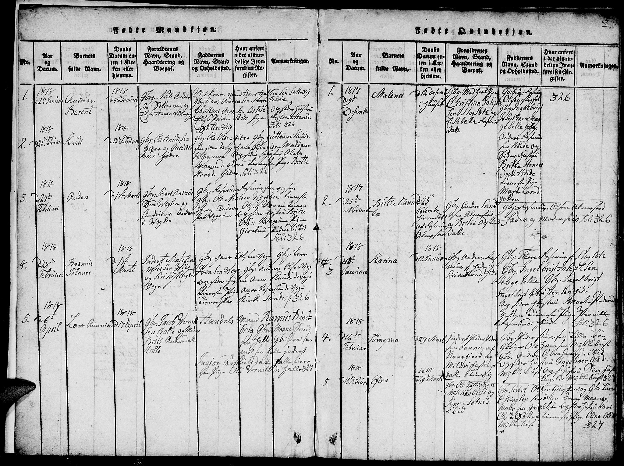 Ministerialprotokoller, klokkerbøker og fødselsregistre - Møre og Romsdal, SAT/A-1454/503/L0046: Parish register (copy) no. 503C01, 1816-1842, p. 5