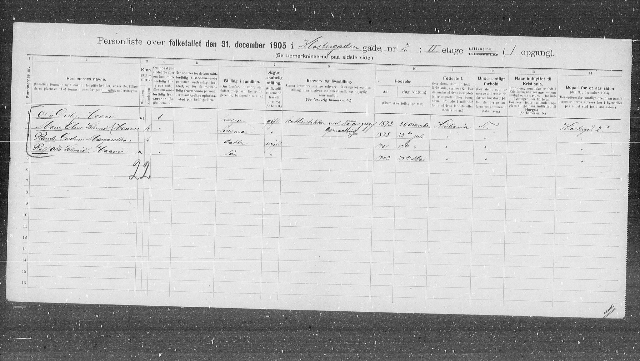 OBA, Municipal Census 1905 for Kristiania, 1905, p. 27431