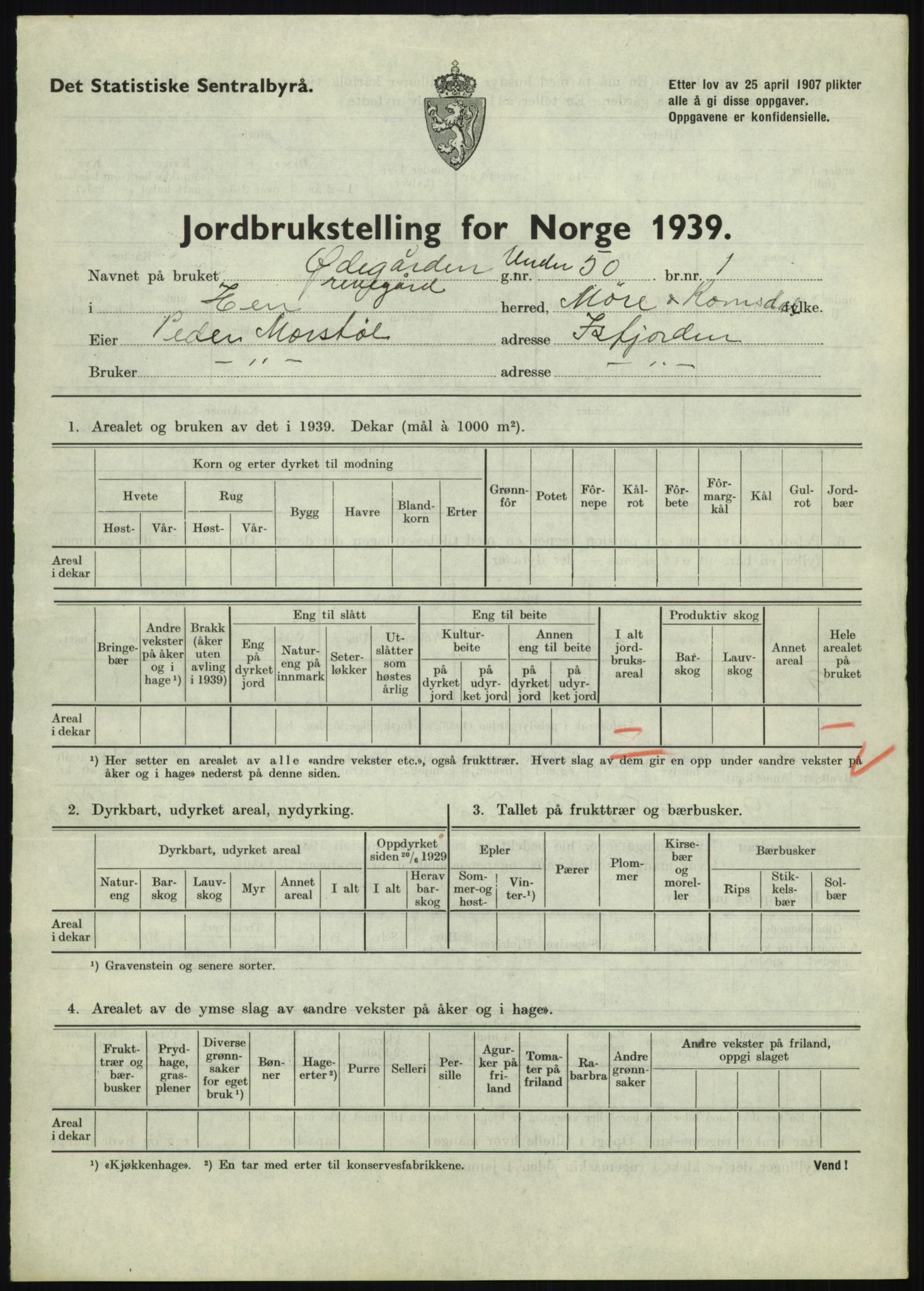 Statistisk sentralbyrå, Næringsøkonomiske emner, Jordbruk, skogbruk, jakt, fiske og fangst, AV/RA-S-2234/G/Gb/L0251: Møre og Romsdal: Voll, Eid, Grytten og Hen, 1939, p. 915