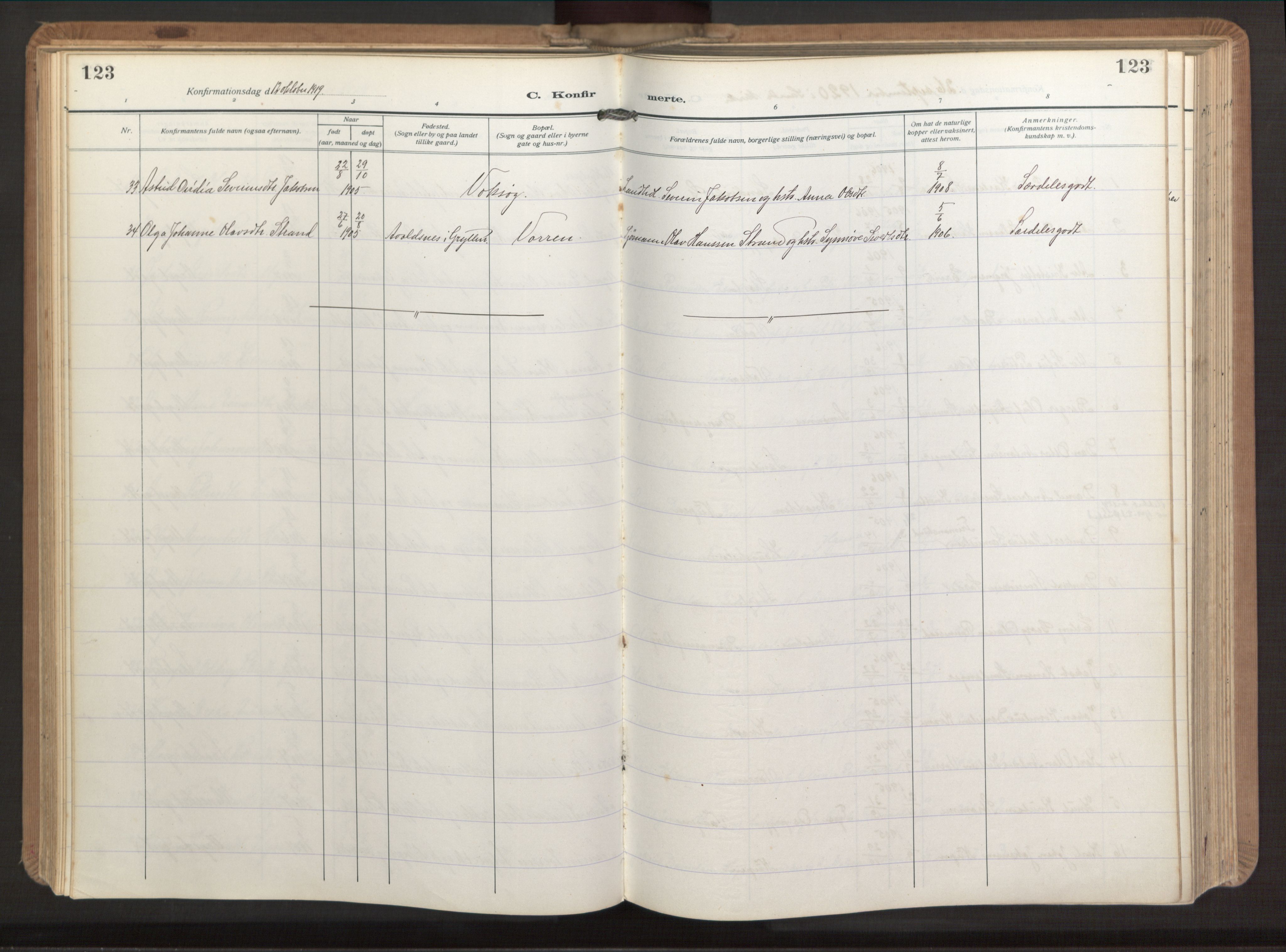 Ministerialprotokoller, klokkerbøker og fødselsregistre - Møre og Romsdal, AV/SAT-A-1454/503/L0044: Parish register (official) no. 503A12, 1918-1931, p. 123