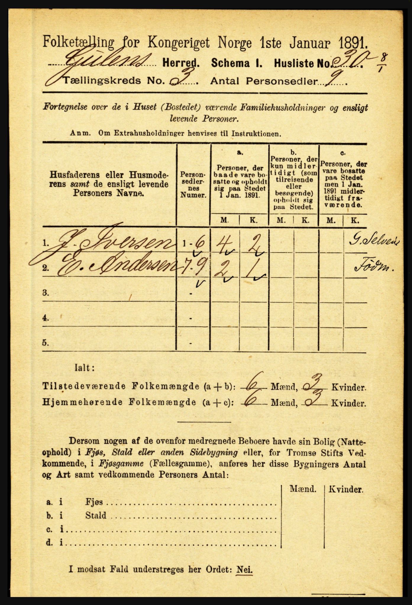 RA, 1891 census for 1411 Gulen, 1891, p. 877