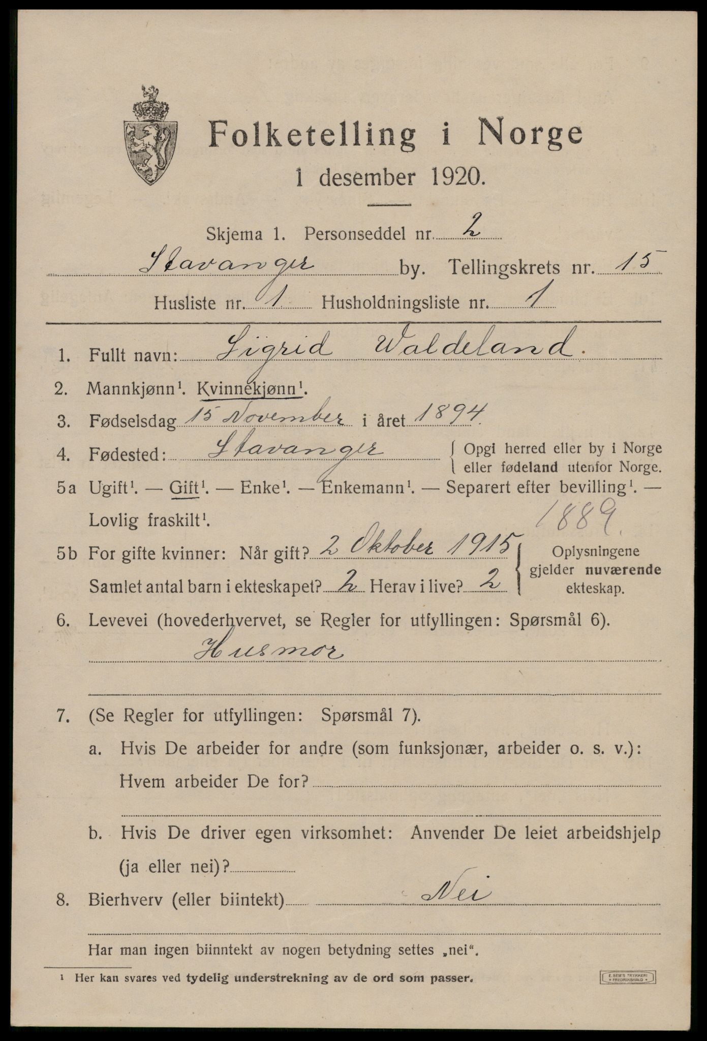 SAST, 1920 census for Stavanger, 1920, p. 61424