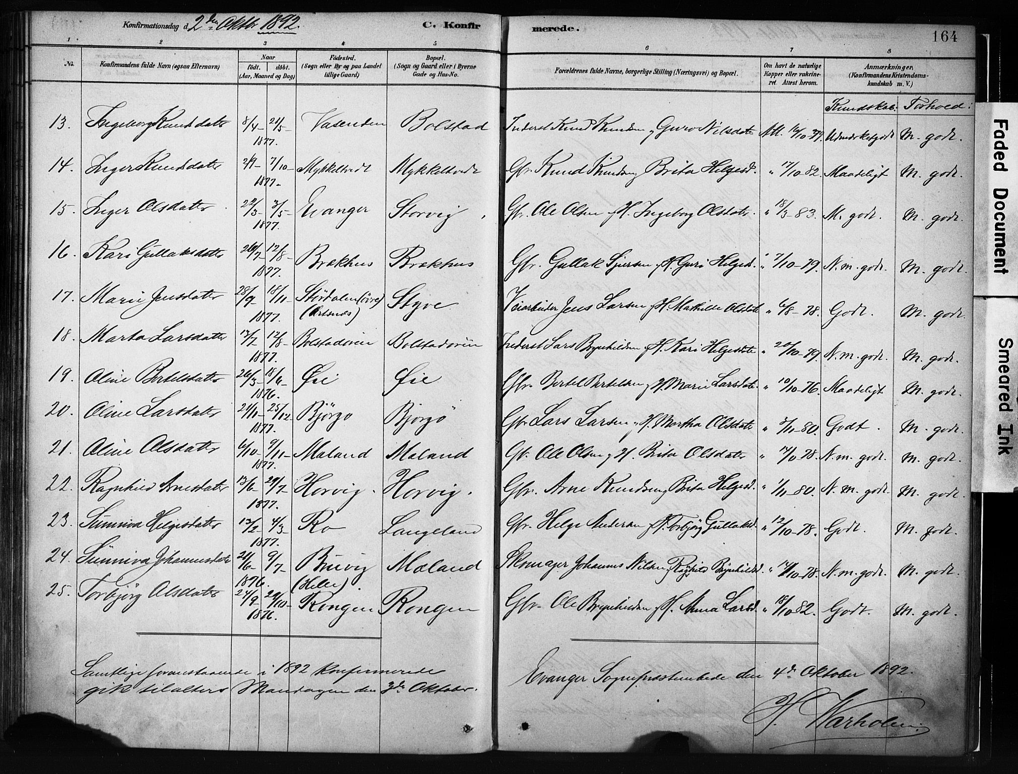Evanger sokneprestembete, SAB/A-99924: Parish register (official) no. A 1, 1877-1899, p. 164