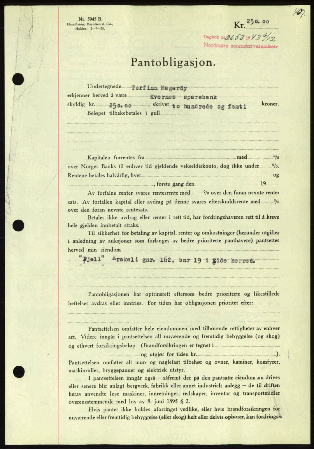 Nordmøre sorenskriveri, AV/SAT-A-4132/1/2/2Ca: Mortgage book no. B91, 1943-1944, Diary no: : 2653/1943