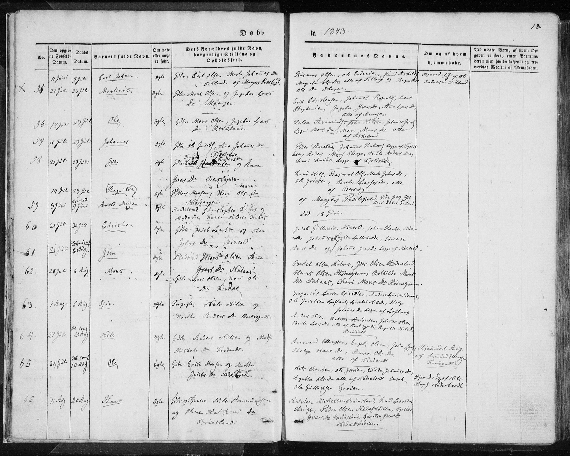 Lindås Sokneprestembete, AV/SAB-A-76701/H/Haa/Haaa/L0010: Parish register (official) no. A 10, 1842-1862, p. 13