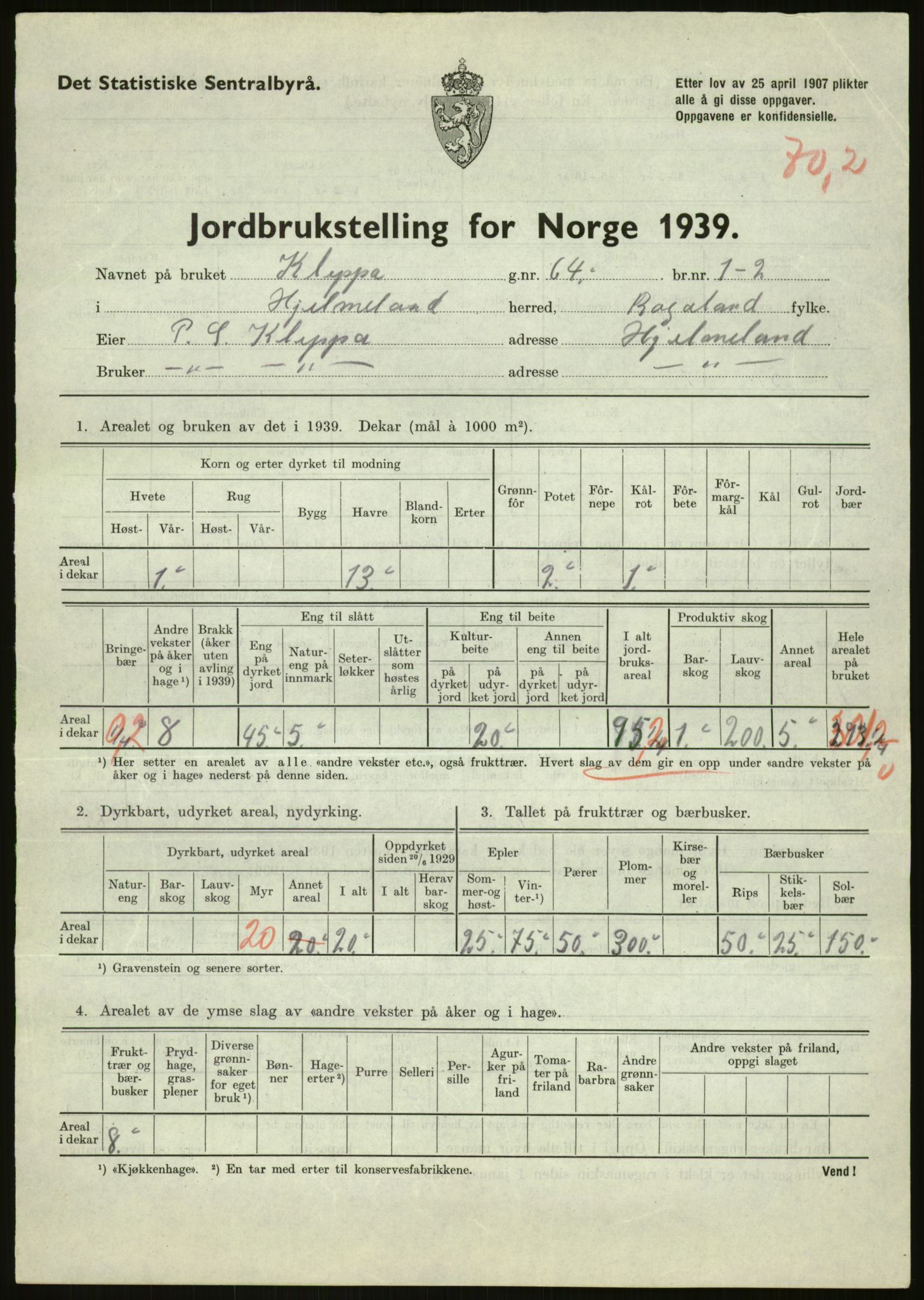 Statistisk sentralbyrå, Næringsøkonomiske emner, Jordbruk, skogbruk, jakt, fiske og fangst, AV/RA-S-2234/G/Gb/L0184: Rogaland: Årdal, Fister og Hjelmeland, 1939, p. 1593