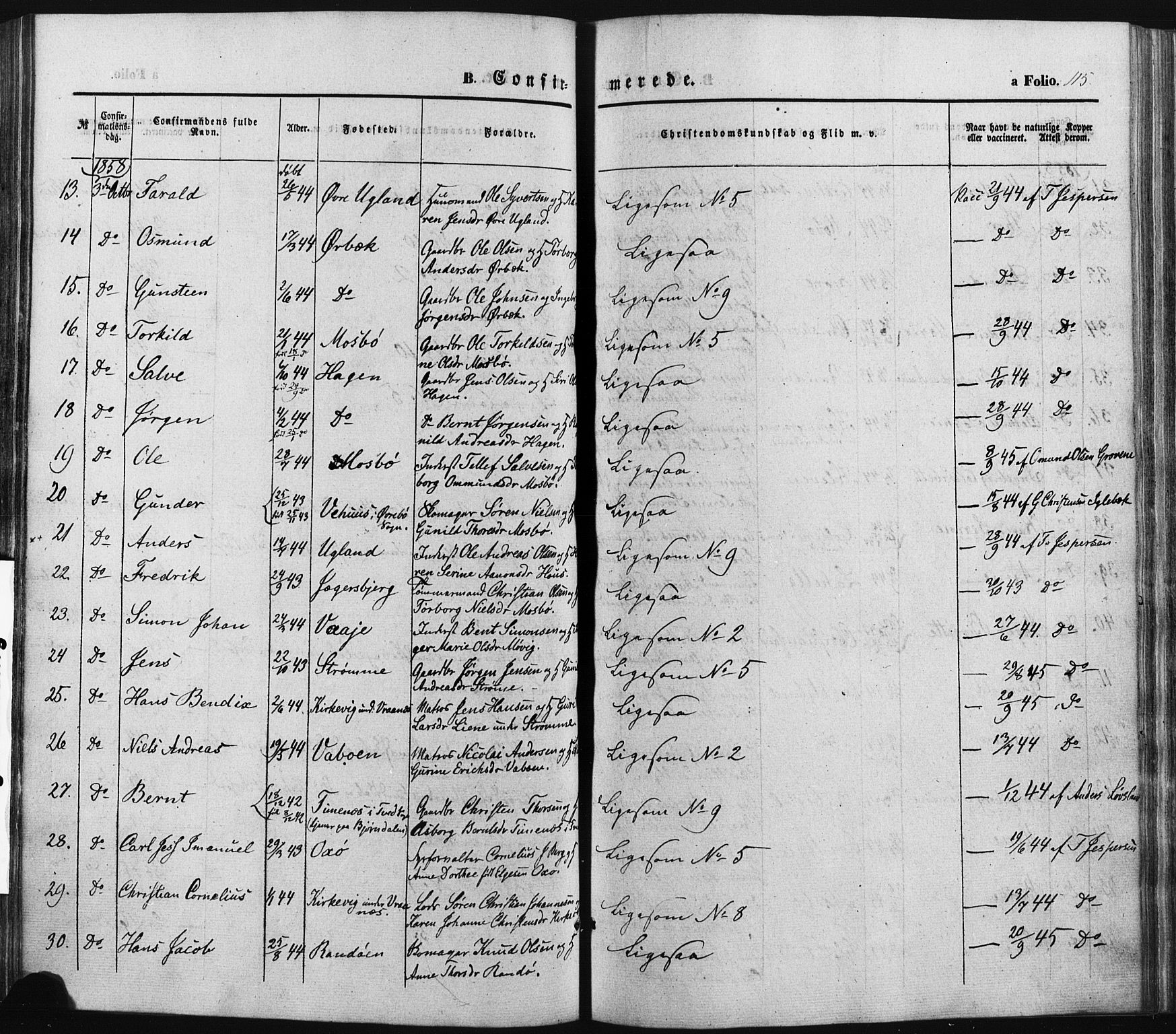 Oddernes sokneprestkontor, SAK/1111-0033/F/Fa/Faa/L0007: Parish register (official) no. A 7, 1851-1863, p. 115