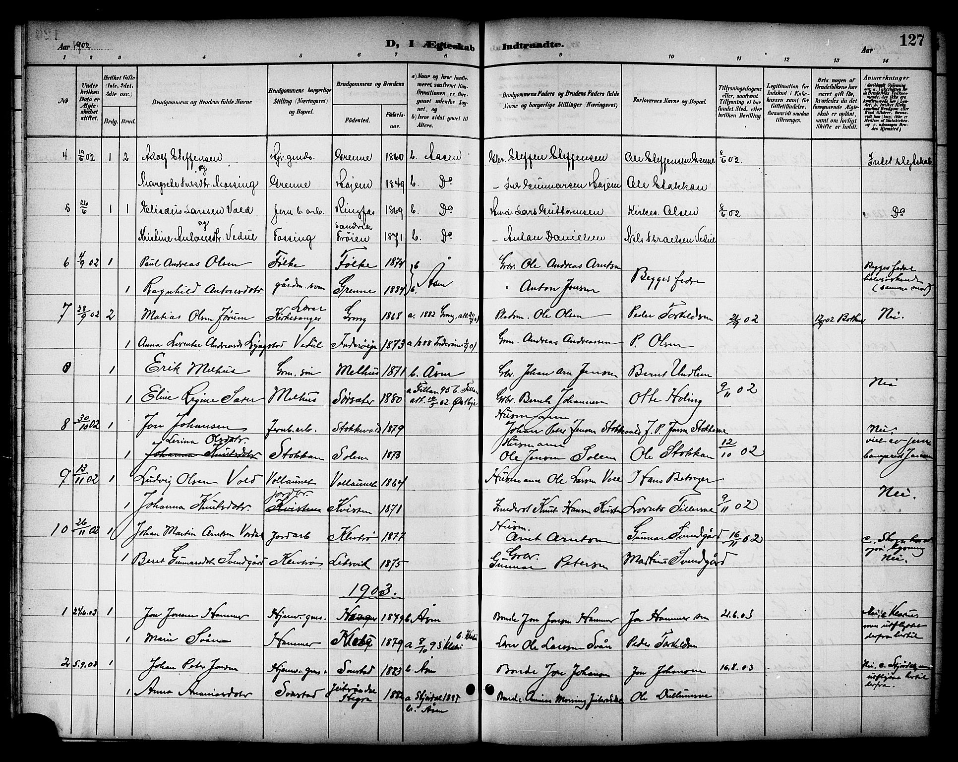 Ministerialprotokoller, klokkerbøker og fødselsregistre - Nord-Trøndelag, SAT/A-1458/714/L0135: Parish register (copy) no. 714C04, 1899-1918, p. 127