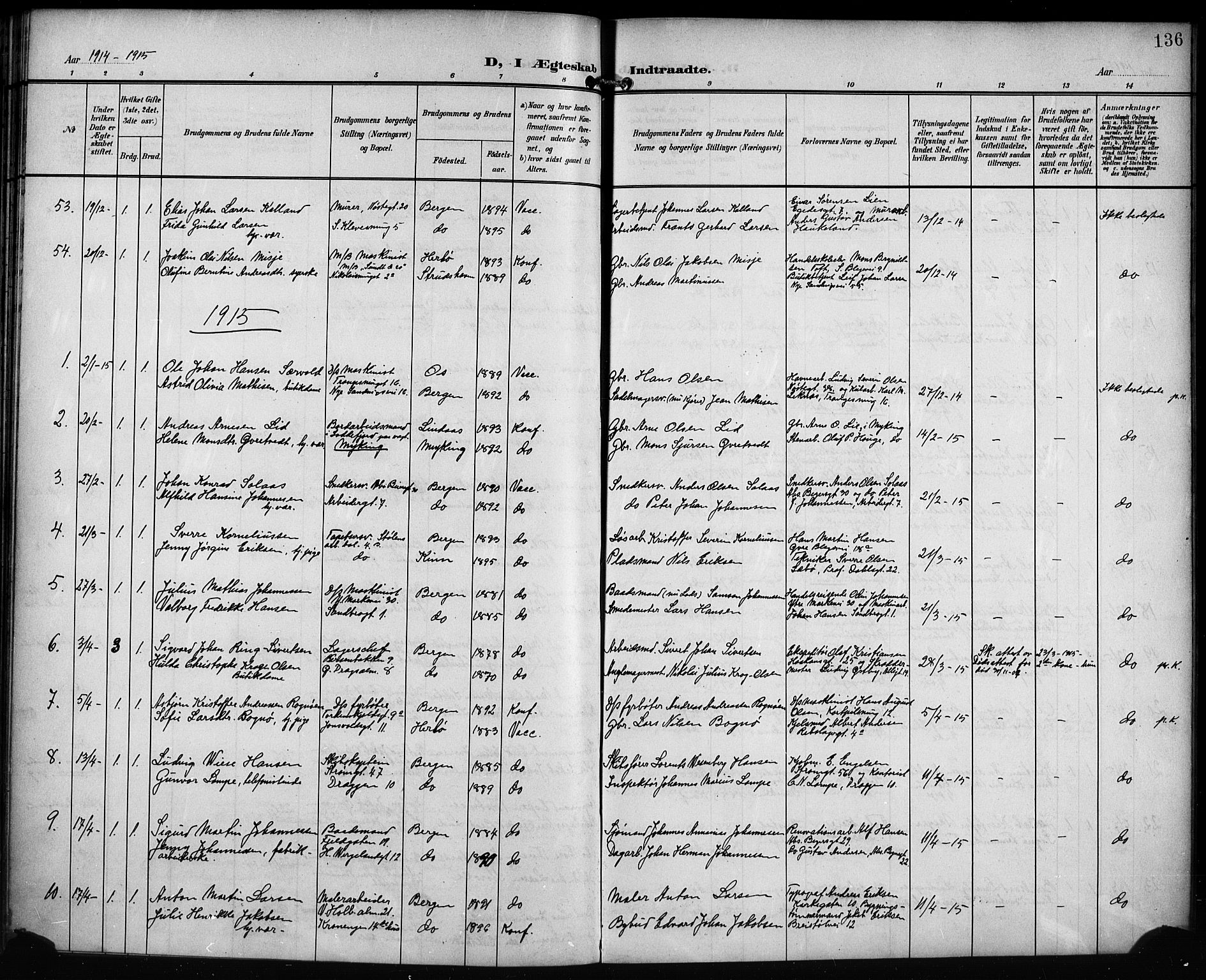 Mariakirken Sokneprestembete, SAB/A-76901/H/Hab/L0009: Parish register (copy) no. A 9, 1901-1919, p. 136