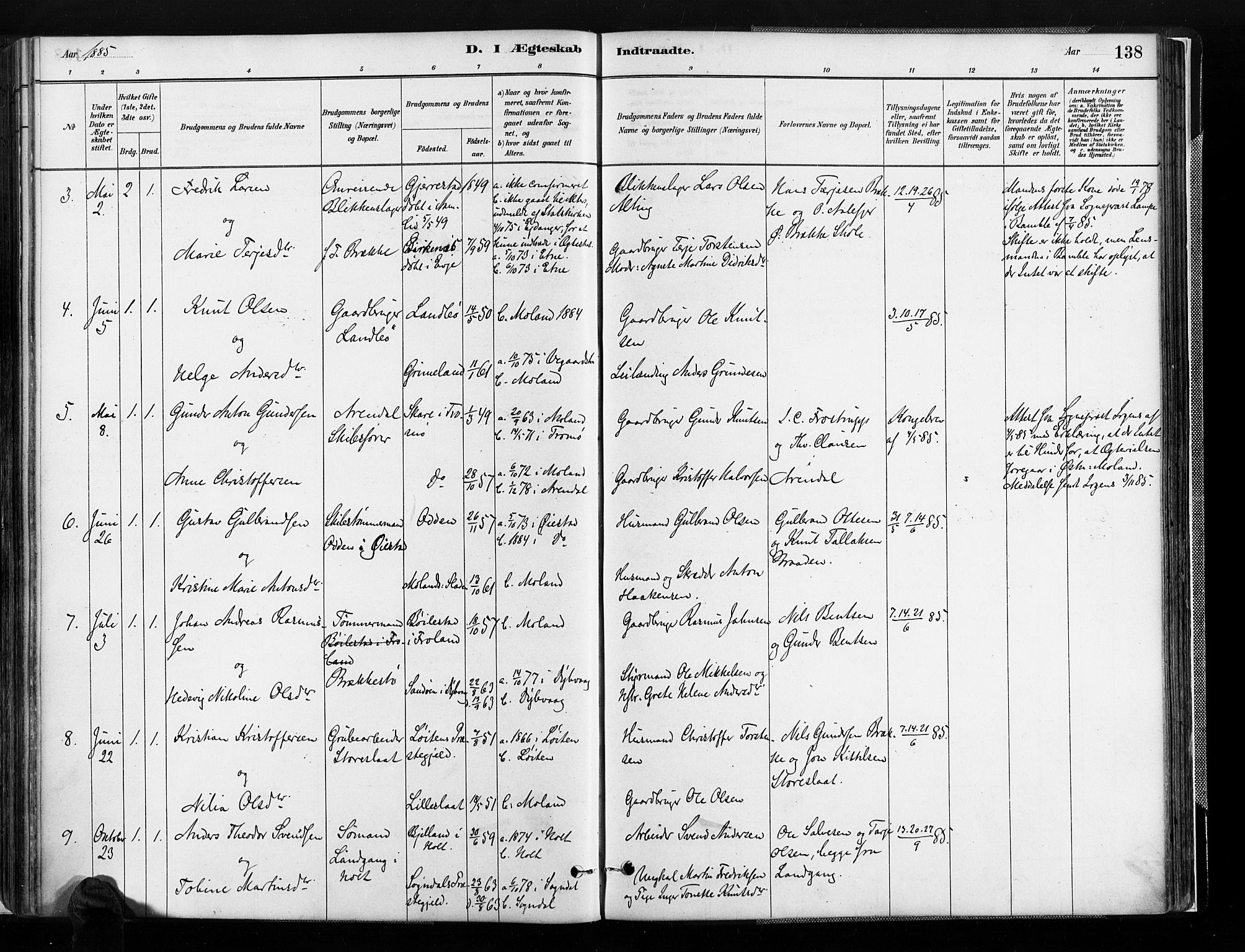 Austre Moland sokneprestkontor, SAK/1111-0001/F/Fa/Faa/L0010: Parish register (official) no. A 10, 1880-1904, p. 138