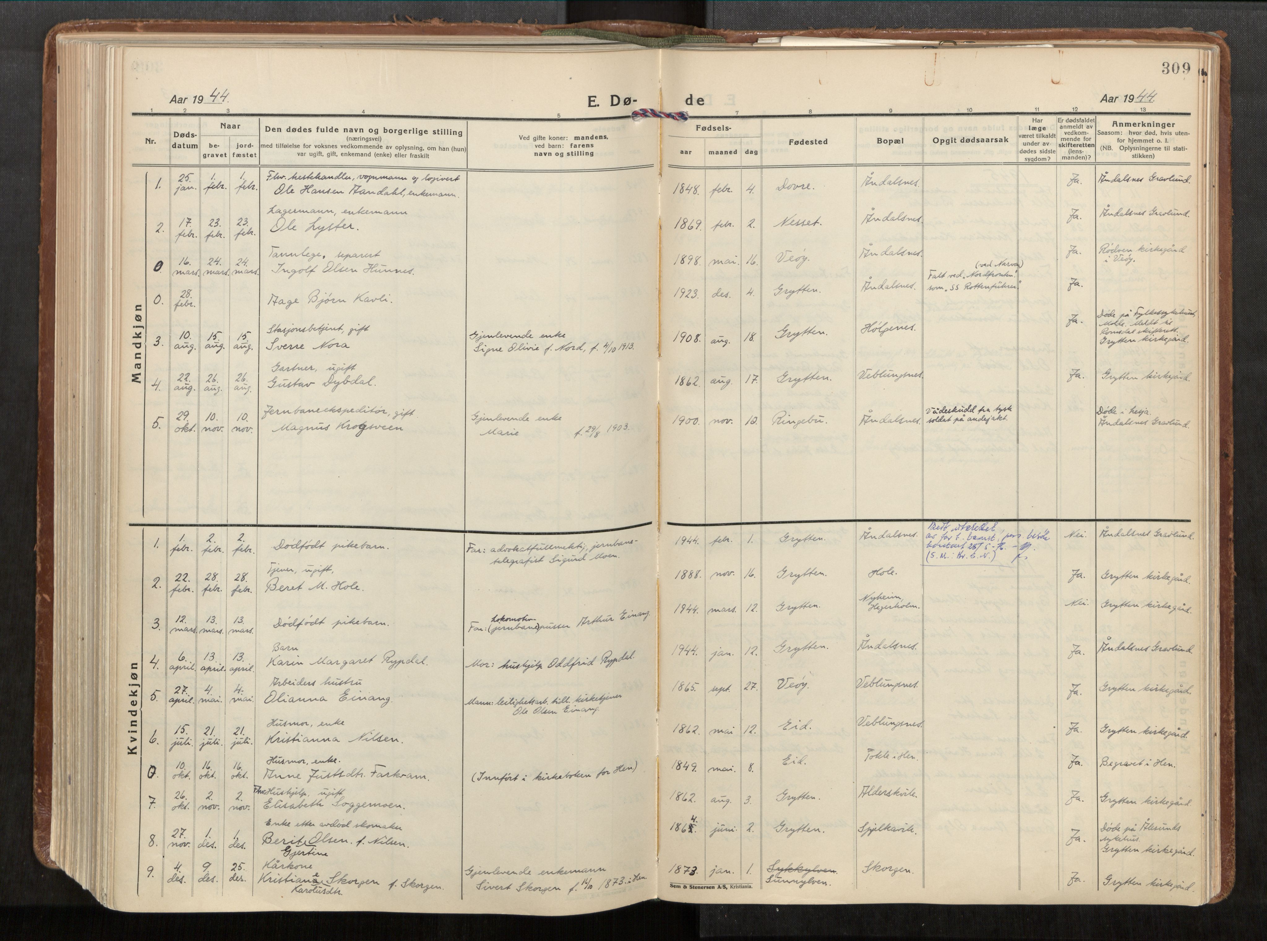 Ministerialprotokoller, klokkerbøker og fødselsregistre - Møre og Romsdal, AV/SAT-A-1454/544/L0587: Parish register (official) no. 544A11, 1924-1954, p. 309