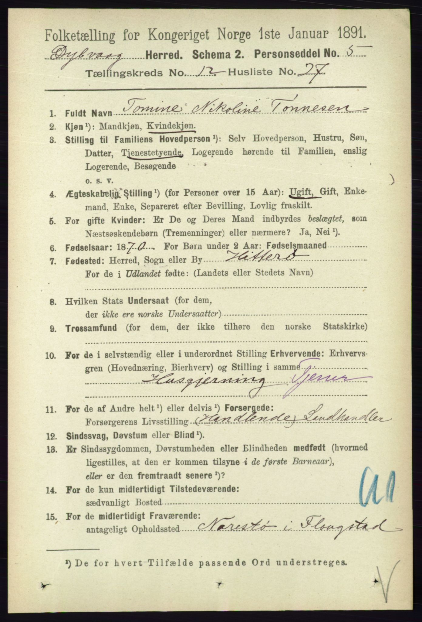 RA, 1891 census for 0915 Dypvåg, 1891, p. 4905