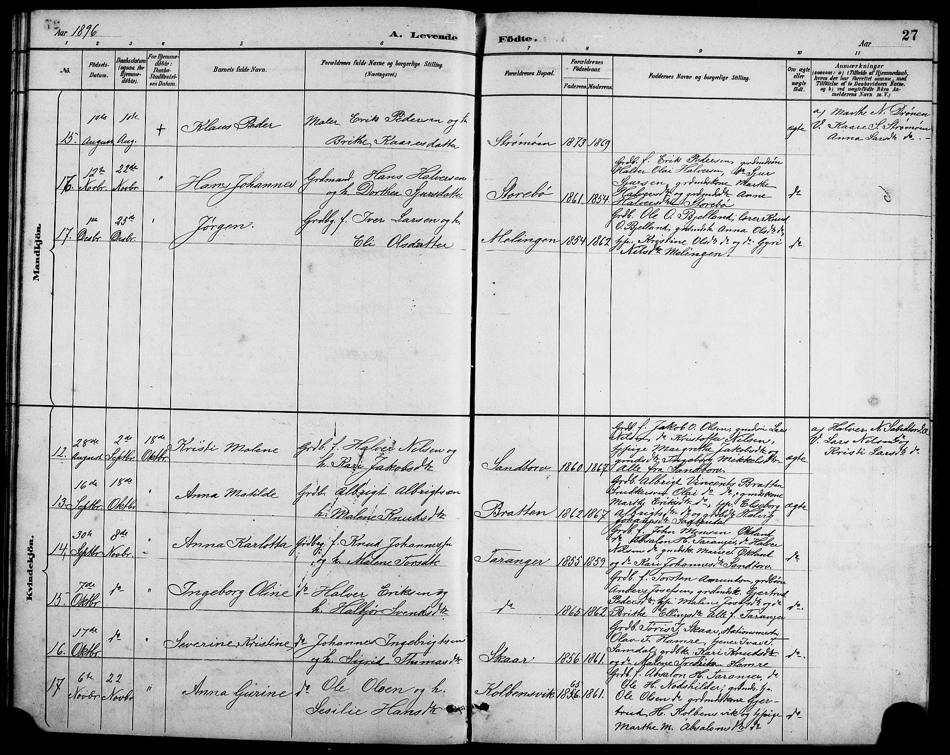 Austevoll sokneprestembete, AV/SAB-A-74201/H/Ha/Hab/Haba/L0003: Parish register (copy) no. A 3, 1889-1900, p. 27