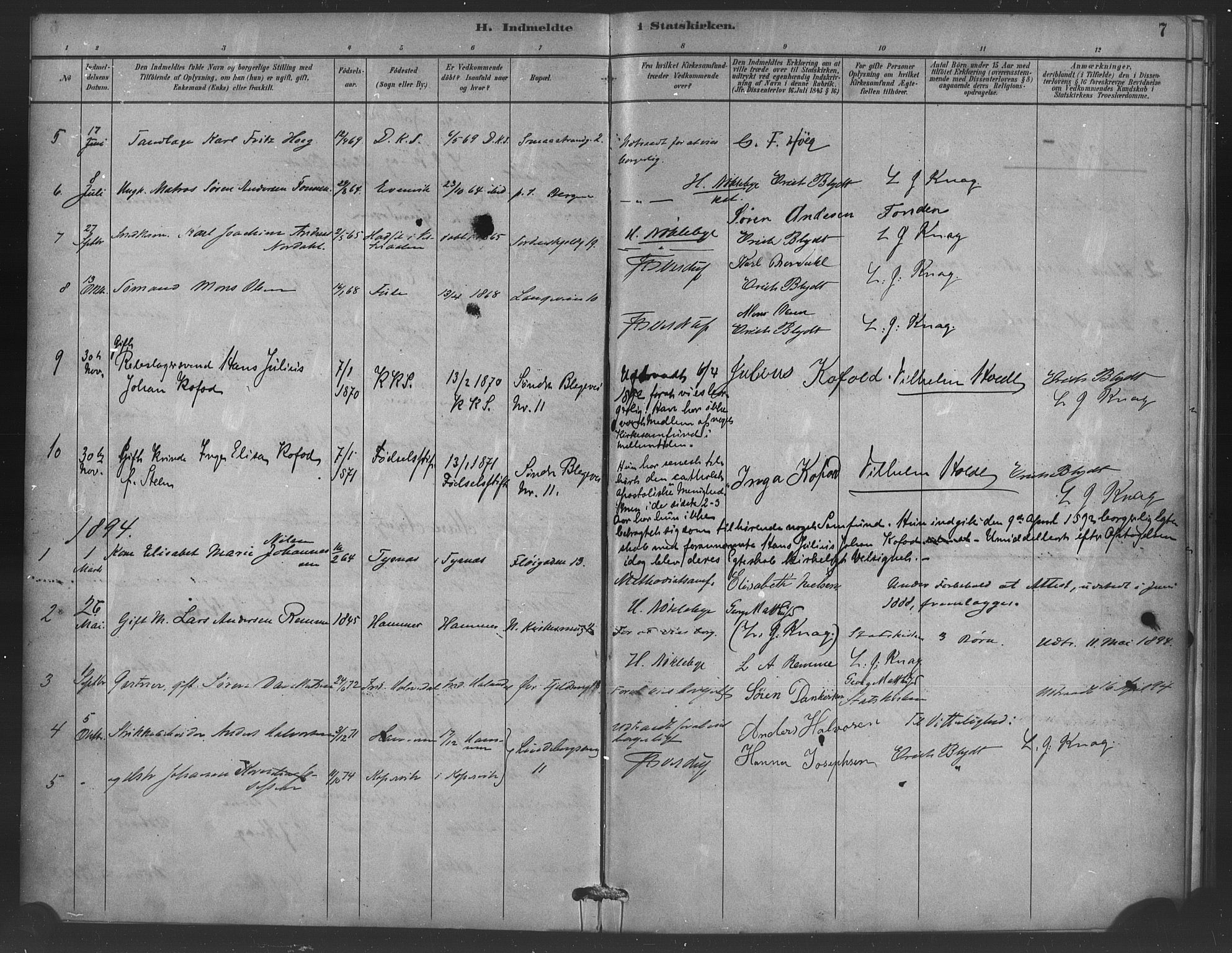 Korskirken sokneprestembete, AV/SAB-A-76101/H/Haa/L0052: Parish register (official) no. G 2, 1887-1899, p. 7