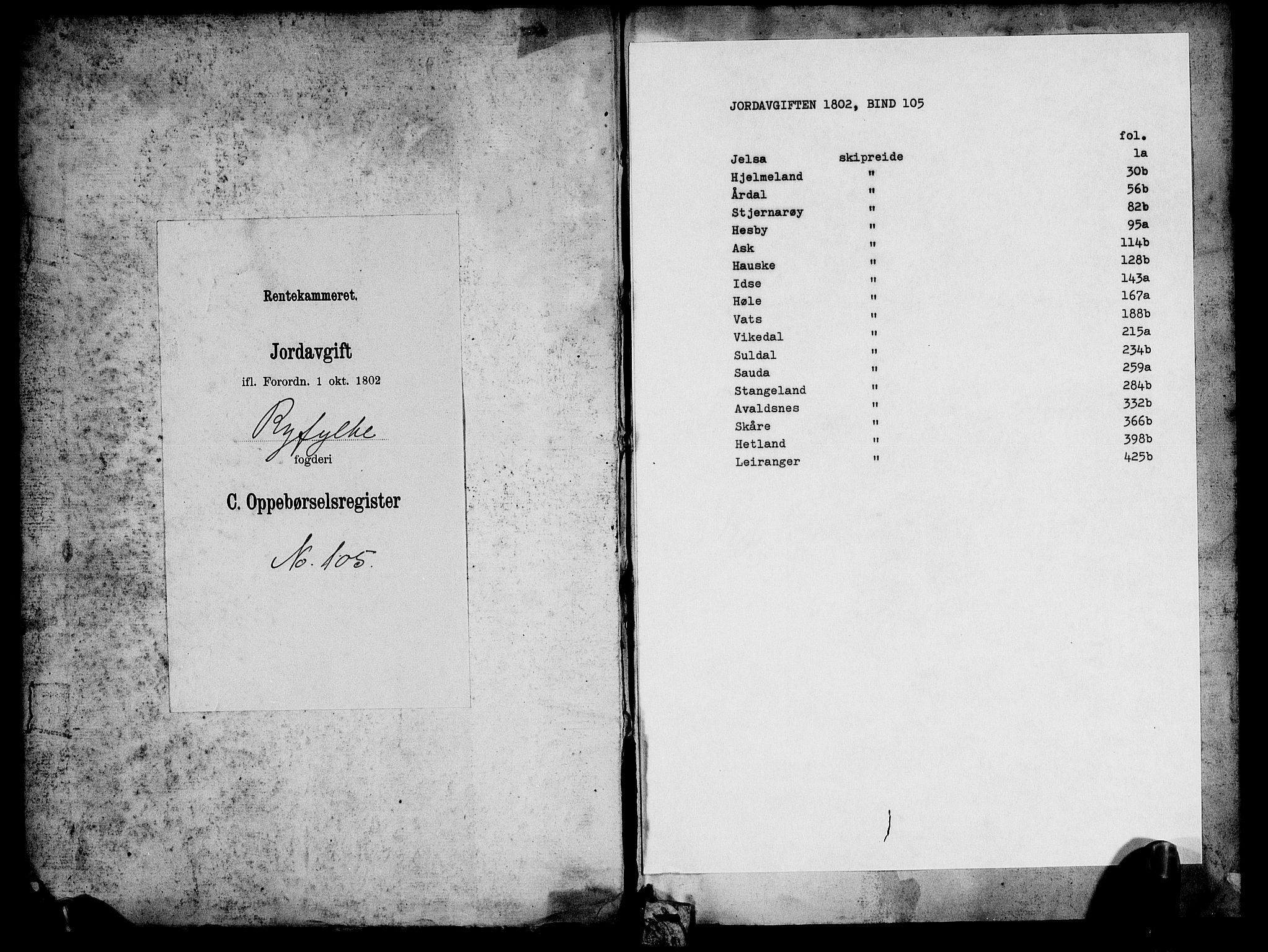 Rentekammeret inntil 1814, Realistisk ordnet avdeling, AV/RA-EA-4070/N/Ne/Nea/L0105: Ryfylke fogderi. Oppebørselsregister, 1803-1804, p. 1