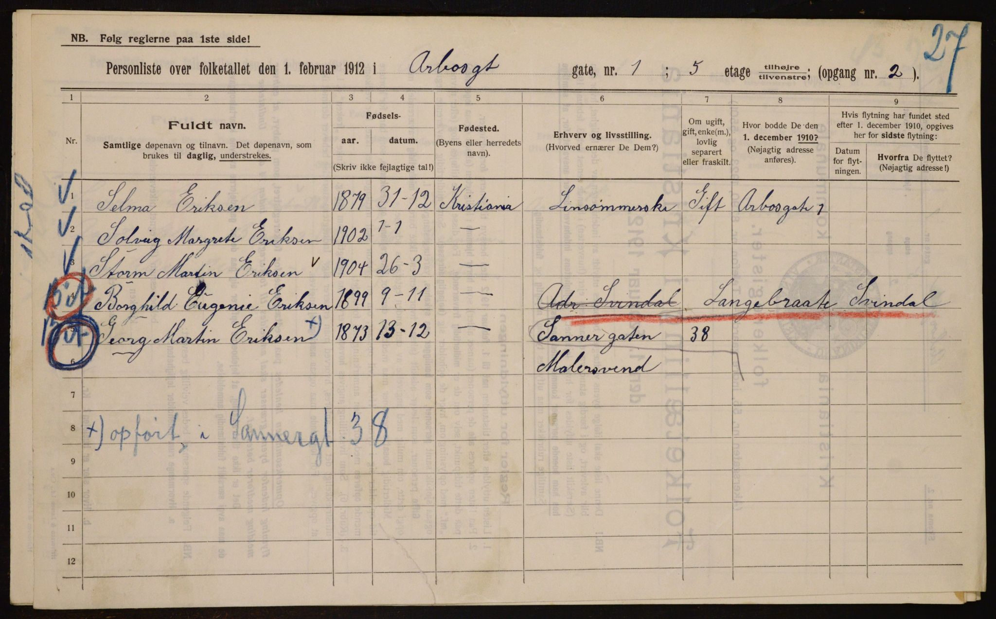 OBA, Municipal Census 1912 for Kristiania, 1912, p. 1682