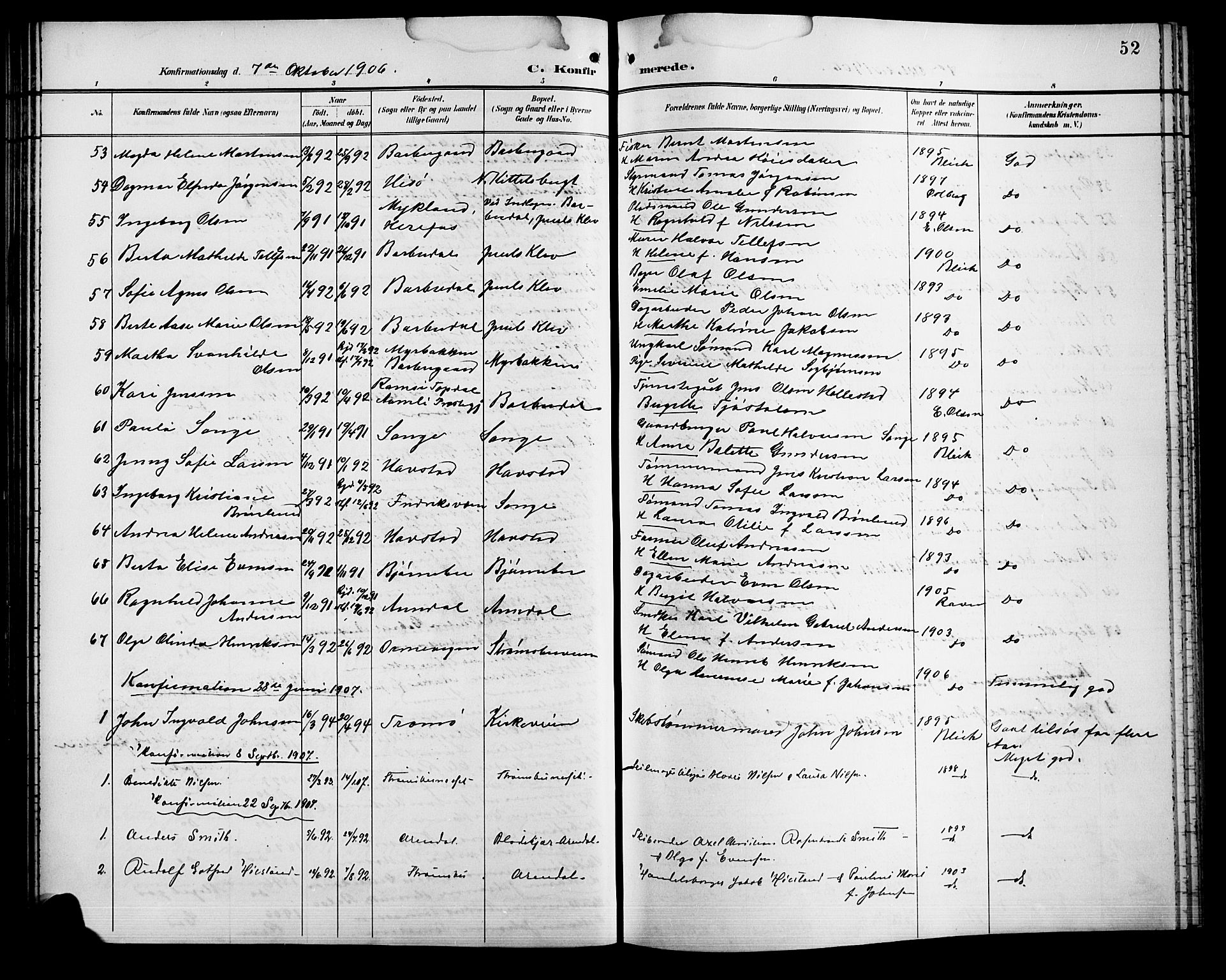 Barbu sokneprestkontor, SAK/1111-0003/F/Fb/L0003: Parish register (copy) no. B 3, 1897-1911, p. 52