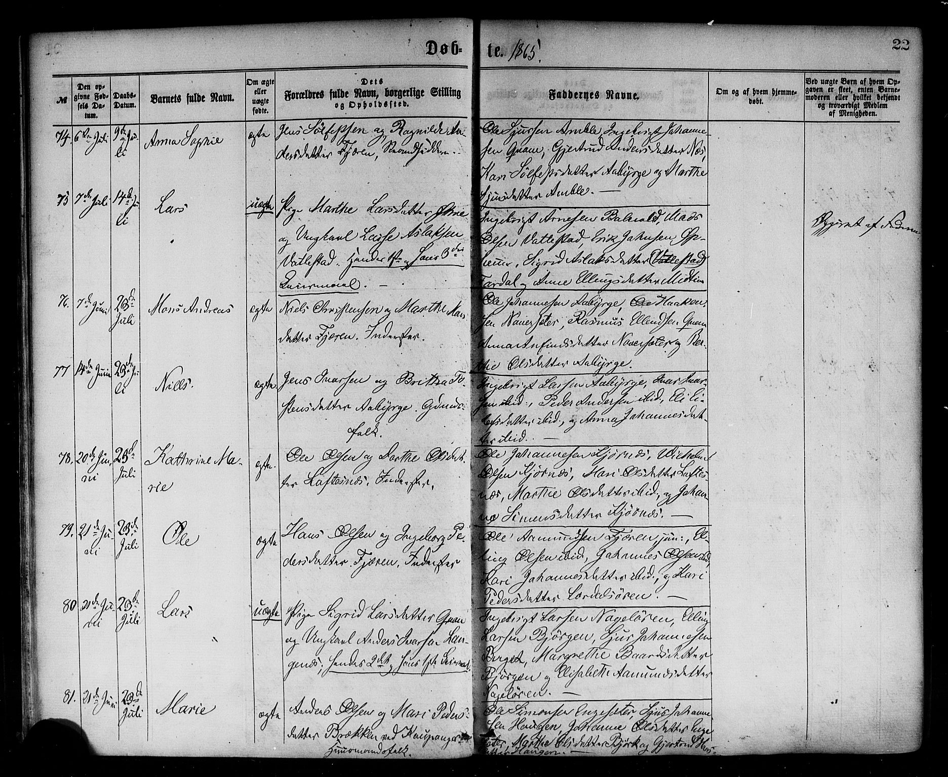 Sogndal sokneprestembete, SAB/A-81301/H/Haa/Haaa/L0014: Parish register (official) no. A 14, 1864-1877, p. 22