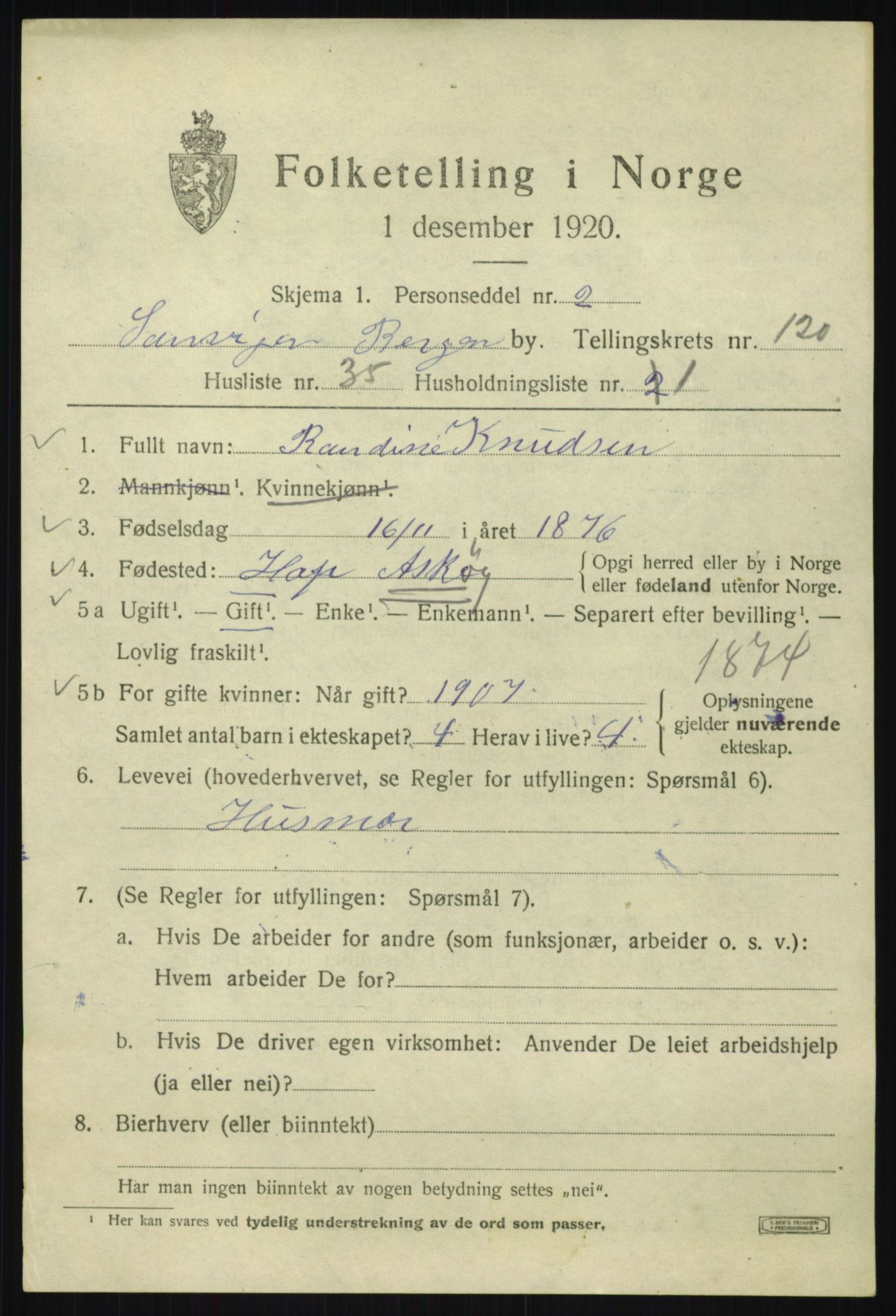 SAB, 1920 census for Bergen, 1920, p. 202016