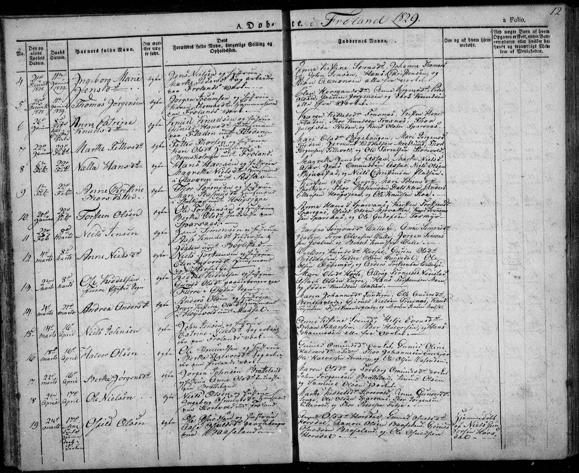 Froland sokneprestkontor, AV/SAK-1111-0013/F/Fa/L0001: Parish register (official) no. A 1, 1827-1844, p. 12