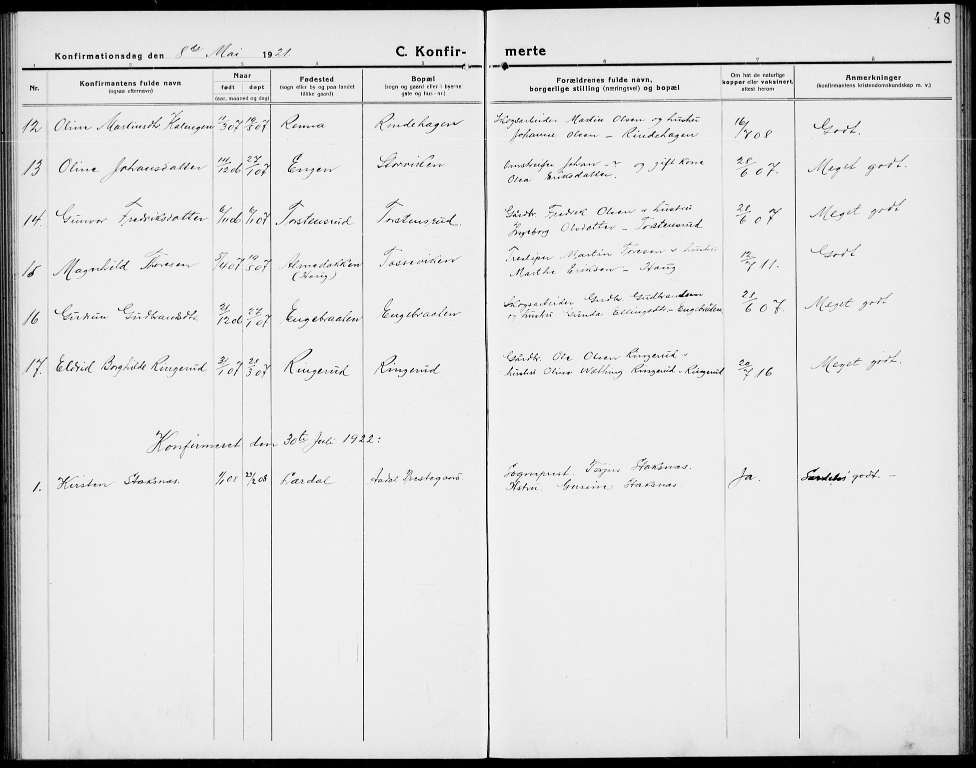 Ådal kirkebøker, AV/SAKO-A-248/G/Ga/L0005: Parish register (copy) no. I 5, 1921-1938, p. 48