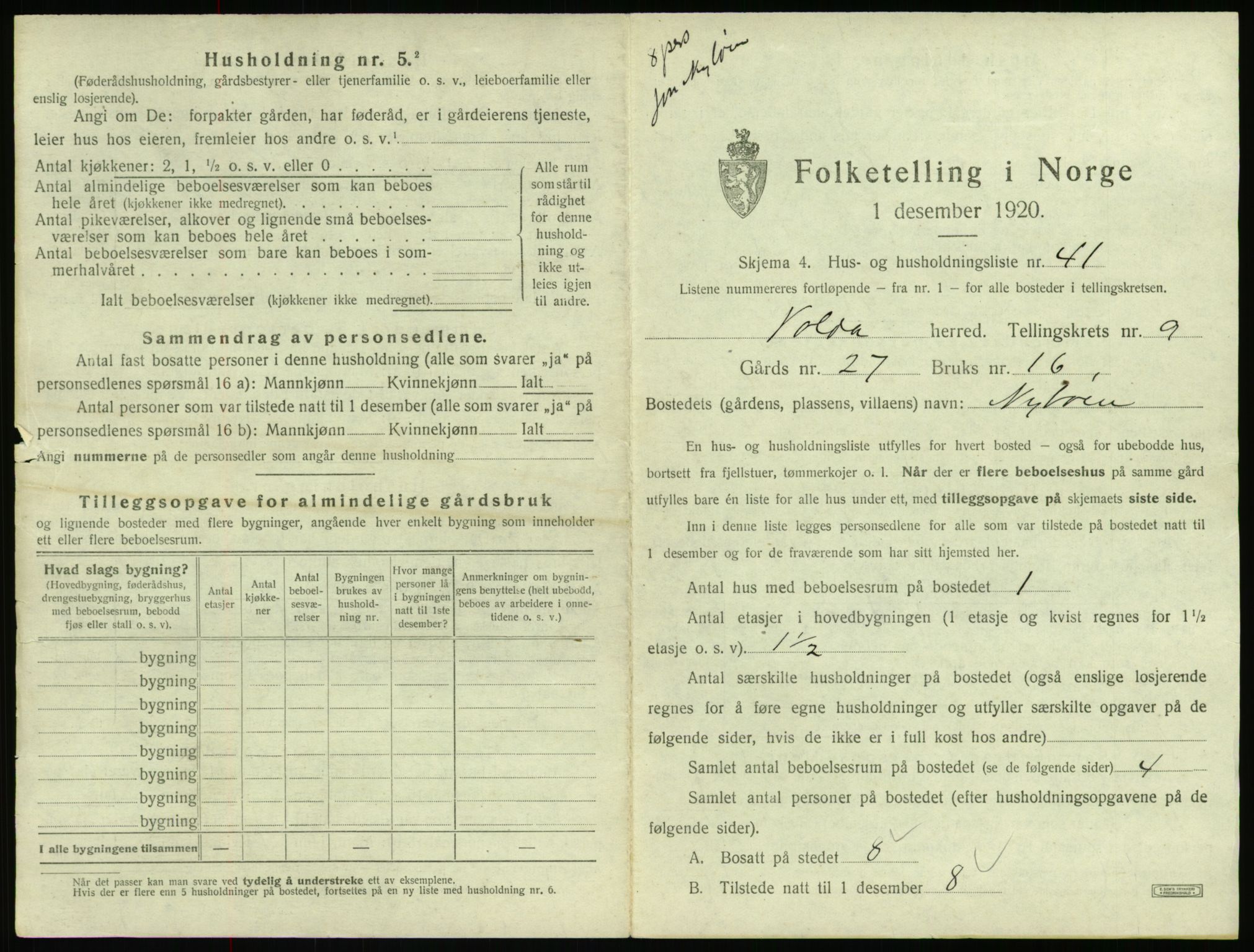 SAT, 1920 census for Volda, 1920, p. 850