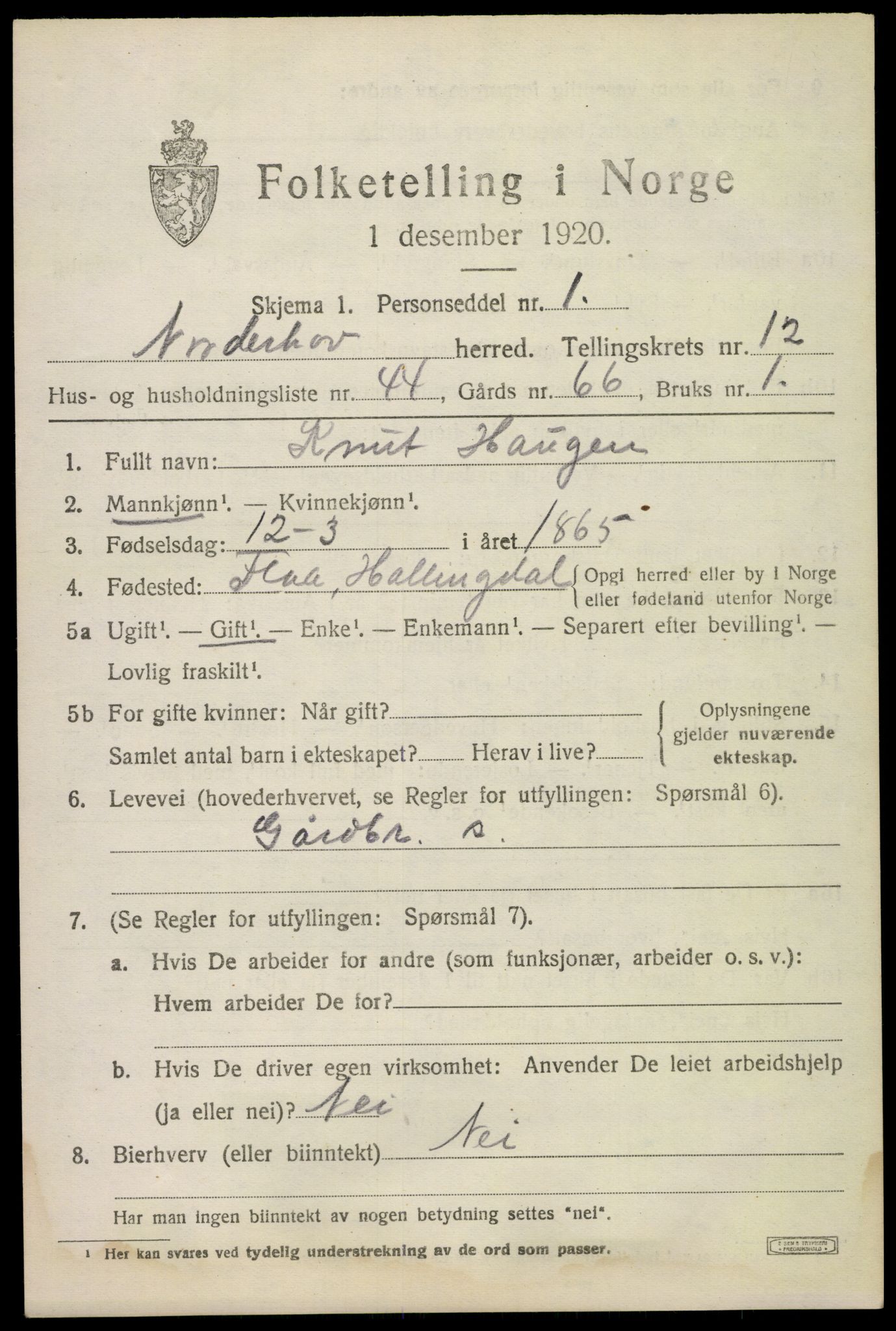 SAKO, 1920 census for Norderhov, 1920, p. 14244